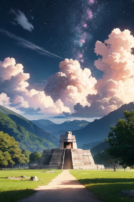 landscape with mountains, arroyo, trees and clouds mayan temple night art anime