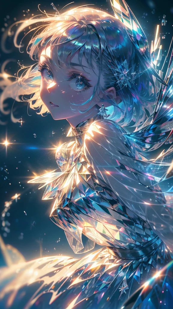((masterpiece,hight resolution,8K picture quality,top-quality)),1 female fairy,((extra detailed face)),femele,Delicate eyes,((Eyes iridescent)),((hairstyle on:buzzcut,Hair that shines when it catches the light)),lensflare,Dramatic makeup,smiling elegantly,Natural complexion,Diffuse reflection of light((colourfull:1.5)),Snowflake,Iridescent wings,Soaring in the sky,Snow at night,