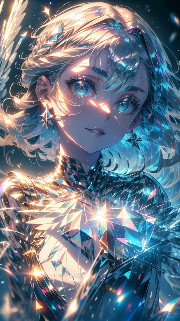 ((​masterpiece,hight resolution,8K picture quality,top-quality)),1 female fairy,((extra detailed face)),femele,Delicate eyes,((Eyes iridescent)),((hairstyle on:buzzcut,Hair that shines when it catches the light)),lensflare,Dramatic makeup,smiling elegantly,Natural complexion,Diffuse reflection of light((colourfull:1.5)),Snowflake,Iridescent wings,Soaring in the sky,Snow at night,