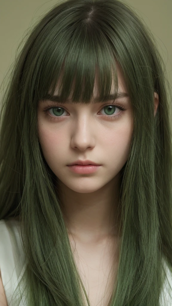a girl.  Europe.  Extremely detailed face.  Oval face.  delicate facial features.  half-closed eyes.  long straight hair.  messy hair.  bangs.  green hair.  green eyes.  Sad.  shy.  straight face