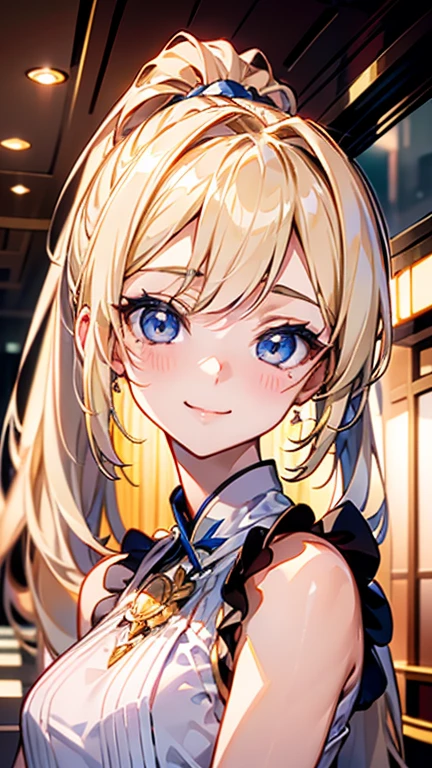 high quality, 最high quality , masterpiece, Portraiture、、bright表情、ponytail、young, Shiny, white, Glowing Skin、Gloss Face、Shining Cheek Gloss、Small Face Beauty、The ultimate beauty、Blonde hair dazzling light、まばゆいハイライトを持つbrightブロンドの髪、Very beautiful Shiny light blonde hair、Super long, silky straight hair、Her Shiny, Her beautiful bangs cover her eyes.、Sparkling, clear, Charm, bright, big, Pale blue eyes、Very big eyes、eyeliner、A very beautiful, adorable and cute 18 year old girl.、young女の子, Ample Bust,, (smile:1.2) , (((whiteいセクシーな下着 , ponytail )))), Inside the airport , Mid-chest