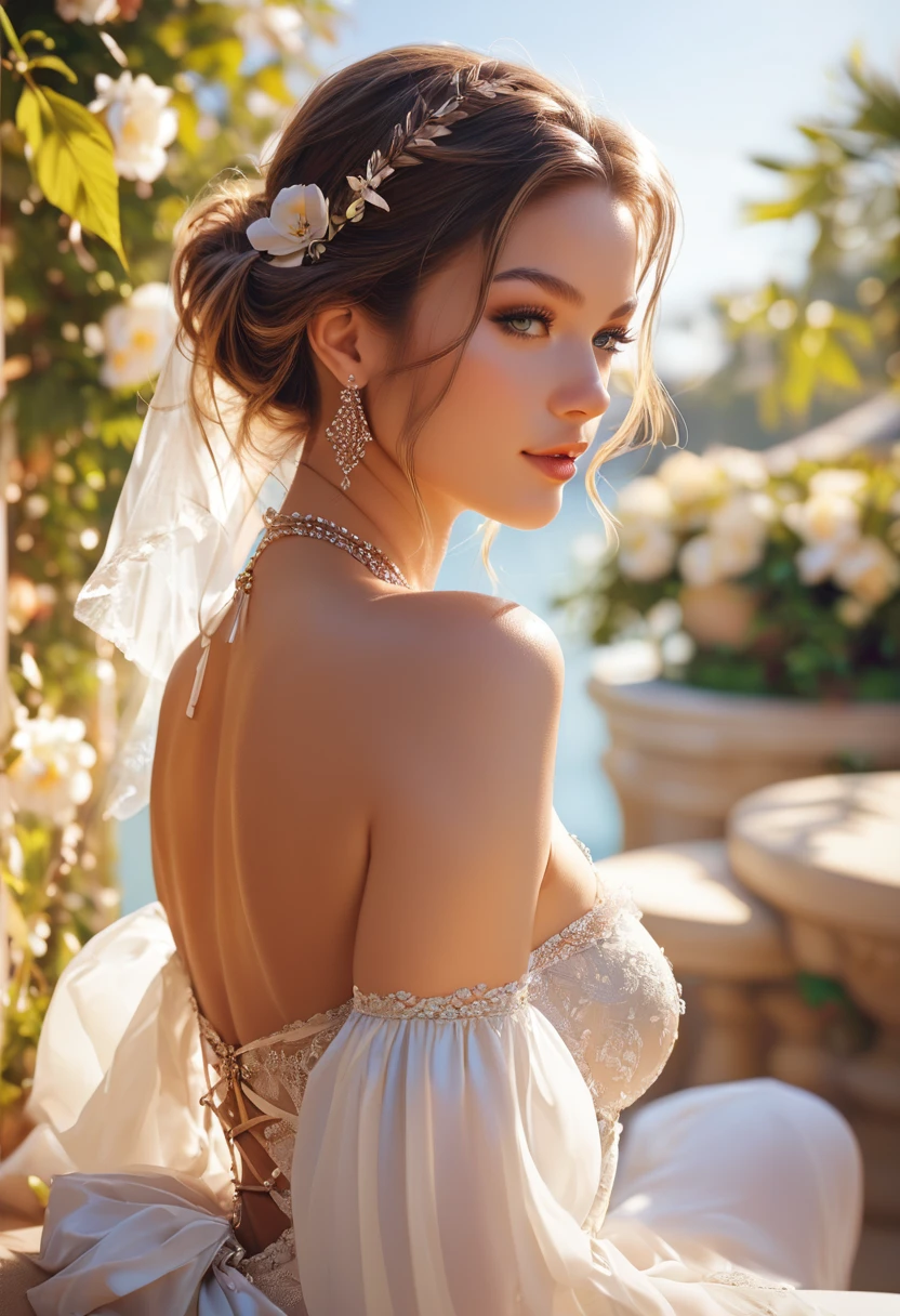 beautiful woman, photorealistic, 1girl, detailed face, beautiful detailed eyes, beautiful detailed lips, beautiful skin, seductive expression, sensual pose, elegant dress, flowers, garden setting, warm lighting, soft colors, cinematic composition, intricate details, highly detailed, 8k, photorealistic, masterpiece