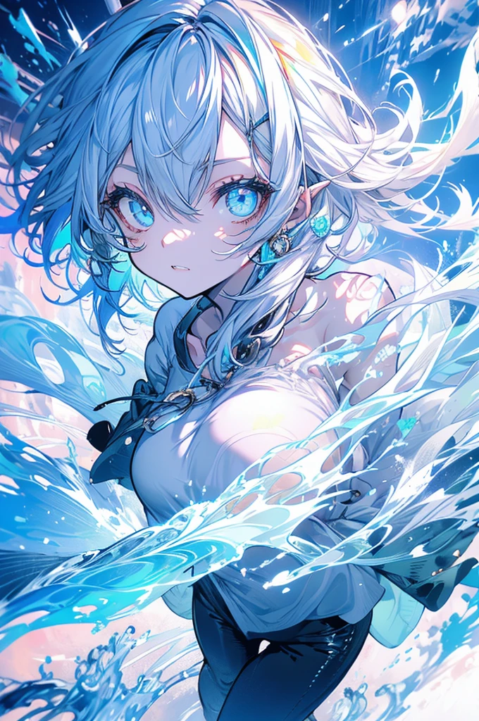 Woman, cute, baggy shirt, tight pants, looking up, magic, white hair, light blue, ice, waves, double teeth, naked, straight face