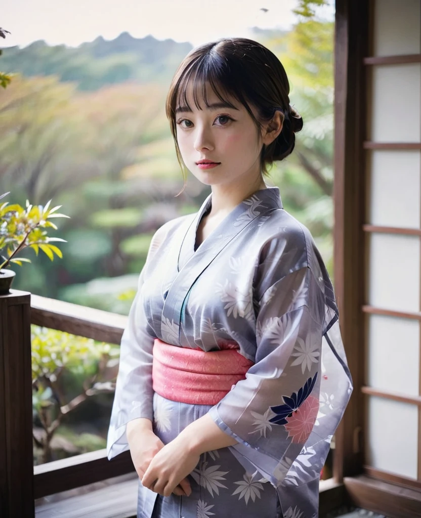  A woman wearing a transparent yukata、Japanese garden、in the garden、Balcony