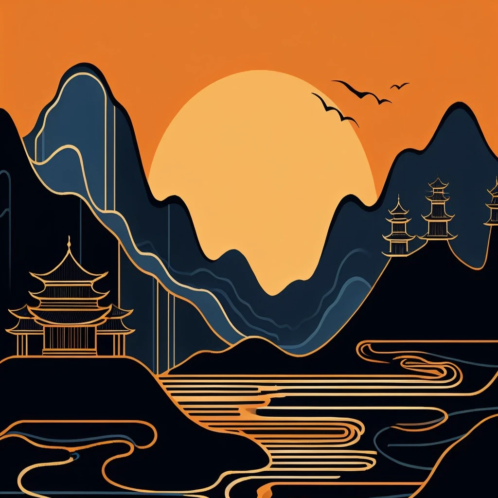 Minimalist art, black and blue form mountains and rivers, golden Chinese palaces on the mountains, line silhouette art, large orange background, intuitive art, strong color contrast