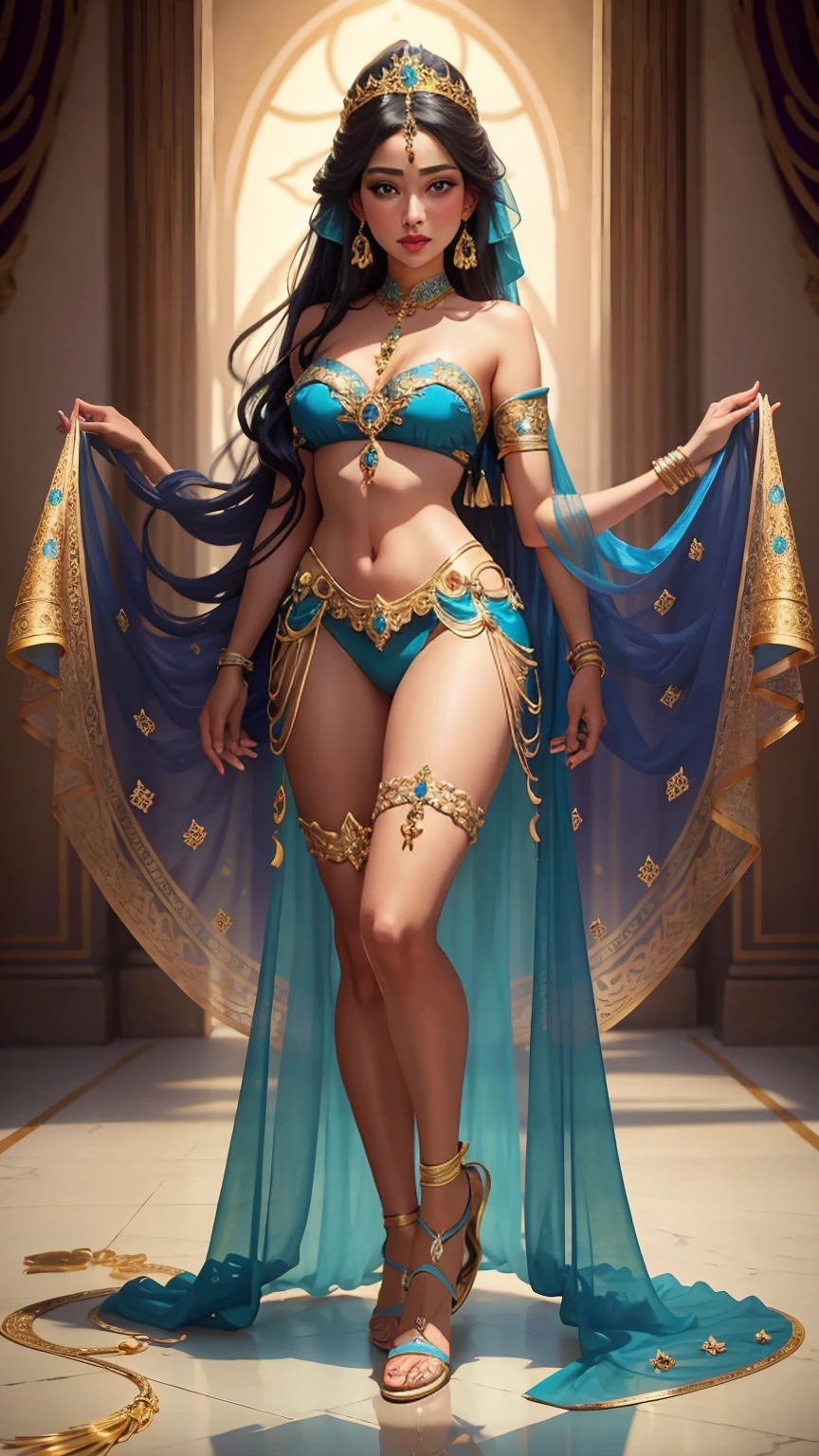 ((Full body photo, standing, feet on the floor)) thigh-high jeweled sandal, (((1girl))), (((23years))), ((full body shot)), Jasmine , Arabian, bikini, diadem with blue gem, jewelry, bracelets on arms, anklets on legs, colorful silks, Arabian setting, flowers, looking at viewer, ((highly detailed)), (((masterpiece))) Hyacinth,