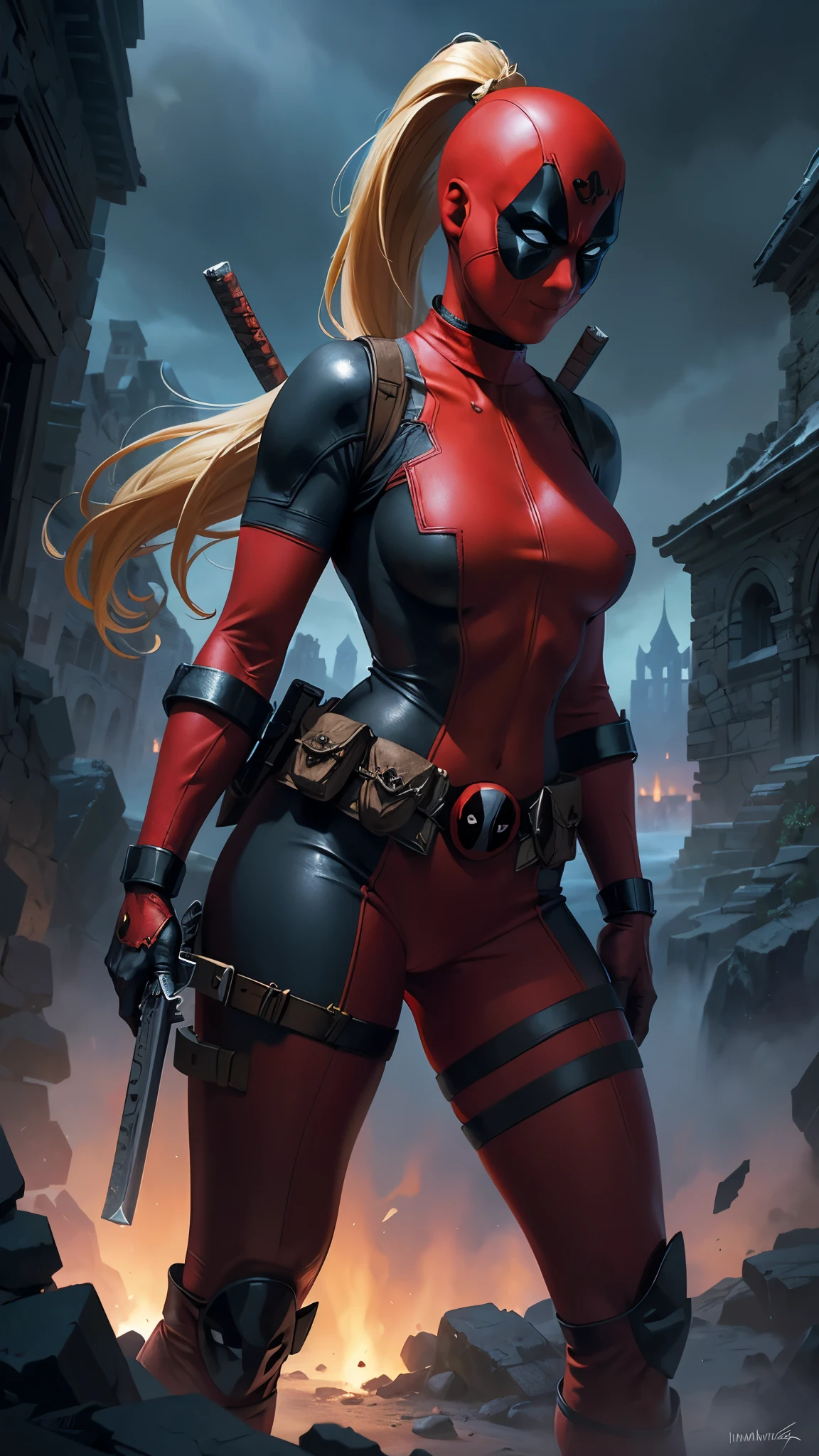masterpiece, best quality, highres, contrapposto,BodySuit_lady_deadpool_ownwaifu,
1girl, mask, blonde hair, ponytail, long hair, large breasts, no pupils, 
bodysuit, skin tight, superhero, belt pouch, utility belt, red bodysuit, gloves, weapon on back, thigh pouch, thigh strap, thigh holster, belt buckle, turtleneck, light particles, depth_of_field, scenery, night, closeup, solo,Epic Fantasy Art Style HD, 4K fantasy art, epic fantasy digital art style, epic fantasy art style, Fantasy Woman, epic fantasy art portrait, Epic fantasy style, hyperrealistic fantasy art, hd fantasy art, Epic fantasy character art, epic fantasy art, in style of dark fantasy art, epic fantasy digital art, ,(Fondo de ruinas de mazmorra en ruinas:1.4 ),(Lady Deadpool:1.4), (iluminación cinematográfica :1.4), (anatomía perfecta :1.4) 