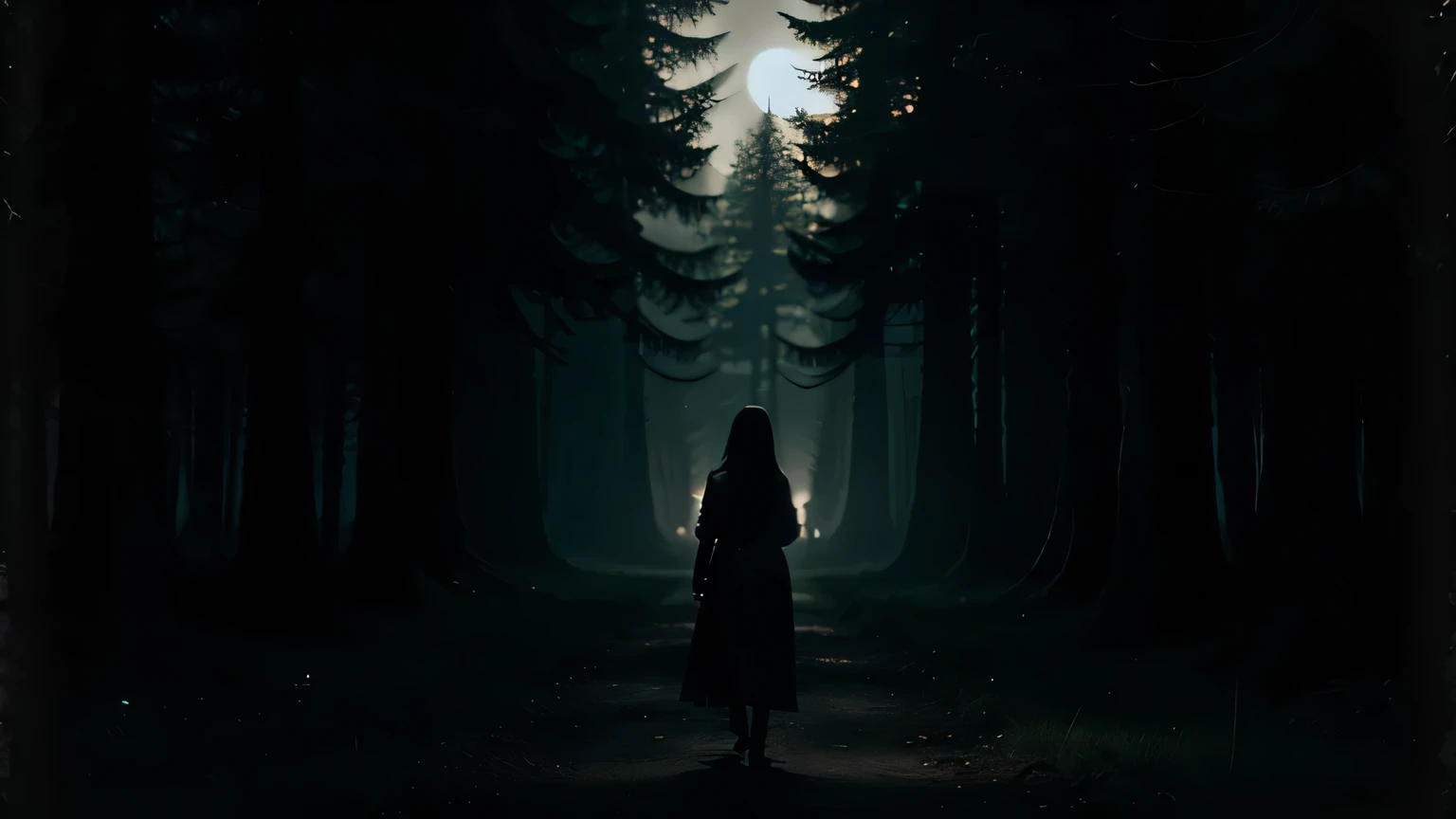 Lina cautiously walks through the dense, dark forest with a flickering candle in hand. Tall trees cast ominous shadows, and ghostly figures flicker in the distance. The moon barely illuminates the eerie surroundings, creating a sense of foreboding.