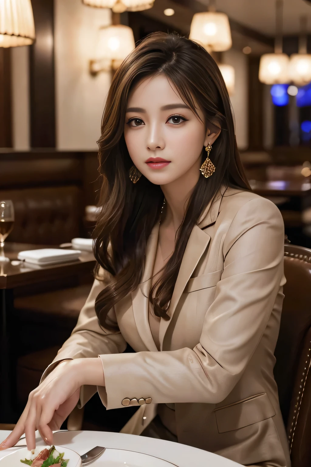masterpiece, Highest quality, Realistic, Very detailed, Finer details, High resolution, 8k wallpaper, One beautiful woman, Wear a nice suit, In a great restaurant, At night, Light brown messy hair, Perfect dynamic composition, Beautiful and beautiful eyes、Big earrings、Sitting in a chair、