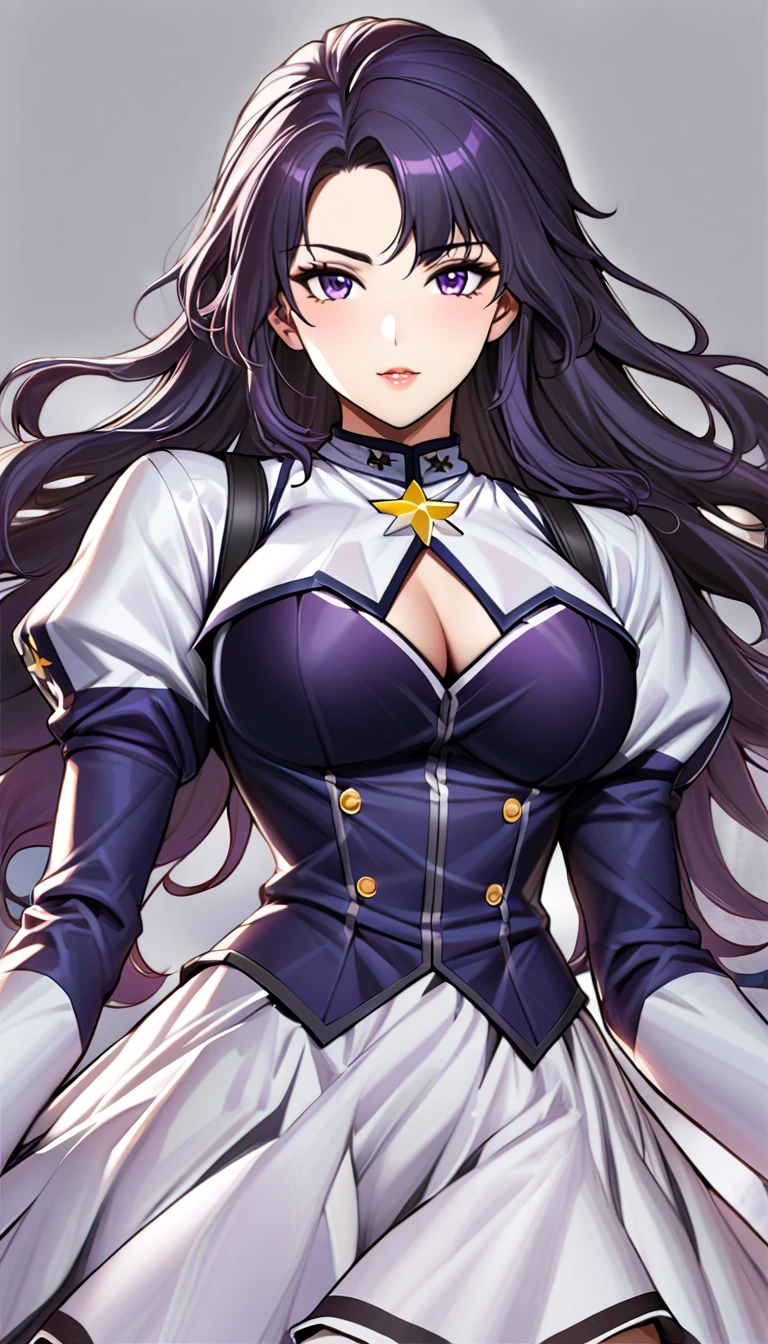 High detailed, kimtag, 1 girl, violet eyes, purple tones colored hair, wavy long hair, busty, chunky body, yellow genetics's uniform, Juliet sleeves,  deep cleavage, white skirt, genetics's uniform, juliet sleeves, genetics's uniform,