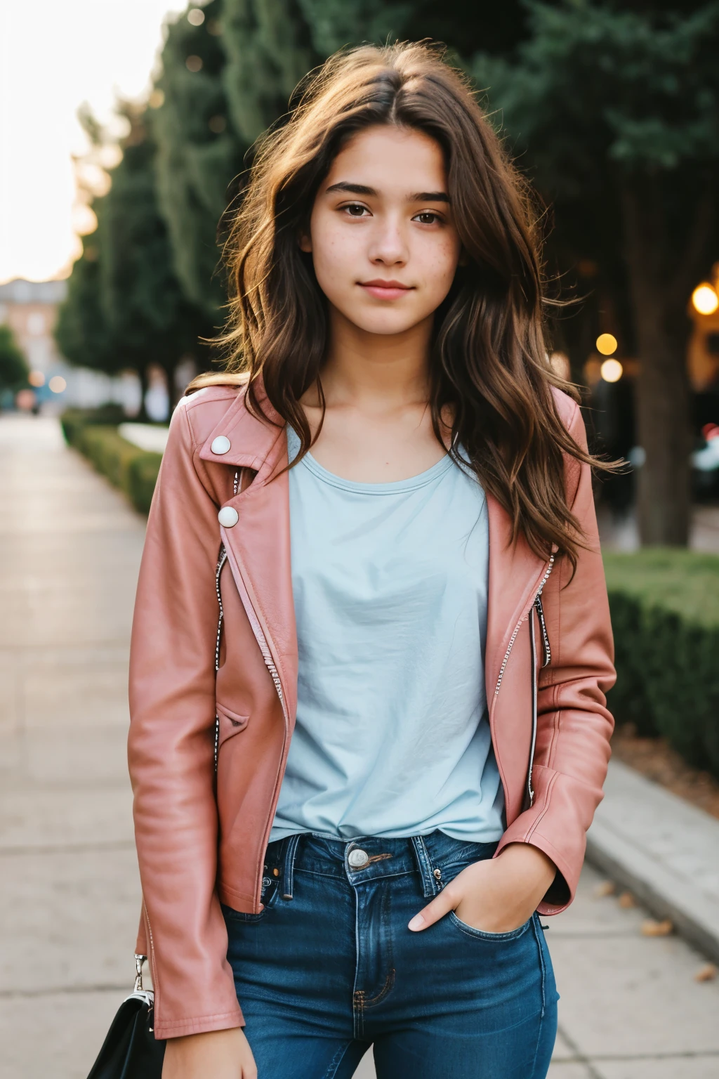 16 year old girl long brown wavy shoulder length hair, freckles on nose brown eyes, small, wearing a pink Tshirt and a black leather jacket with blue jeans. 