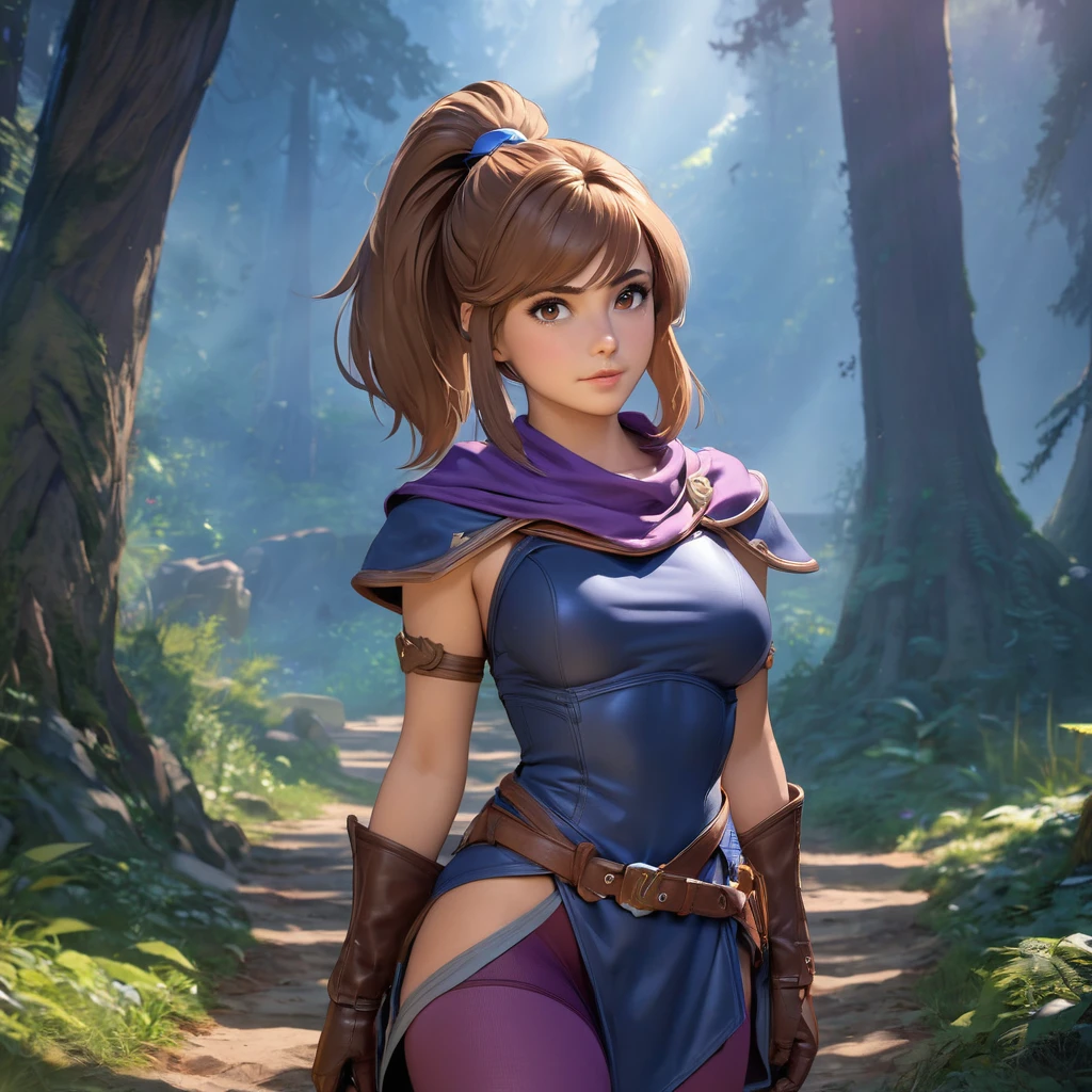 close up, super high quality, super high detail, masterpiece, 4k, 8k, HDR, masters of the universe, (((masterpiece))), high quality, 8k. a girl adventurer, pretty face, brown hair, brown eyes, dark (blue tabard), (purple tights), big boots, leather boots, big gloves, ponytails, (((young girl))), pretty eyes, (detailed face). Show her climbing some stone stairs in a magical ancient city, ruins, magic runes.
