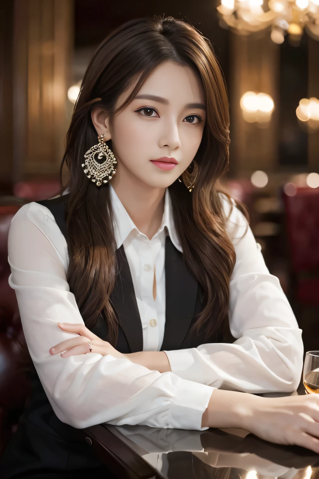 masterpiece, Highest quality, Realistic, Very detailed, Finer details, High resolution, 8k wallpaper, One beautiful woman, Wear a nice suit, In a great restaurant, At night, Light brown messy hair, Perfect dynamic composition, Beautiful and beautiful eyes、Big earrings、Sitting in a chair、