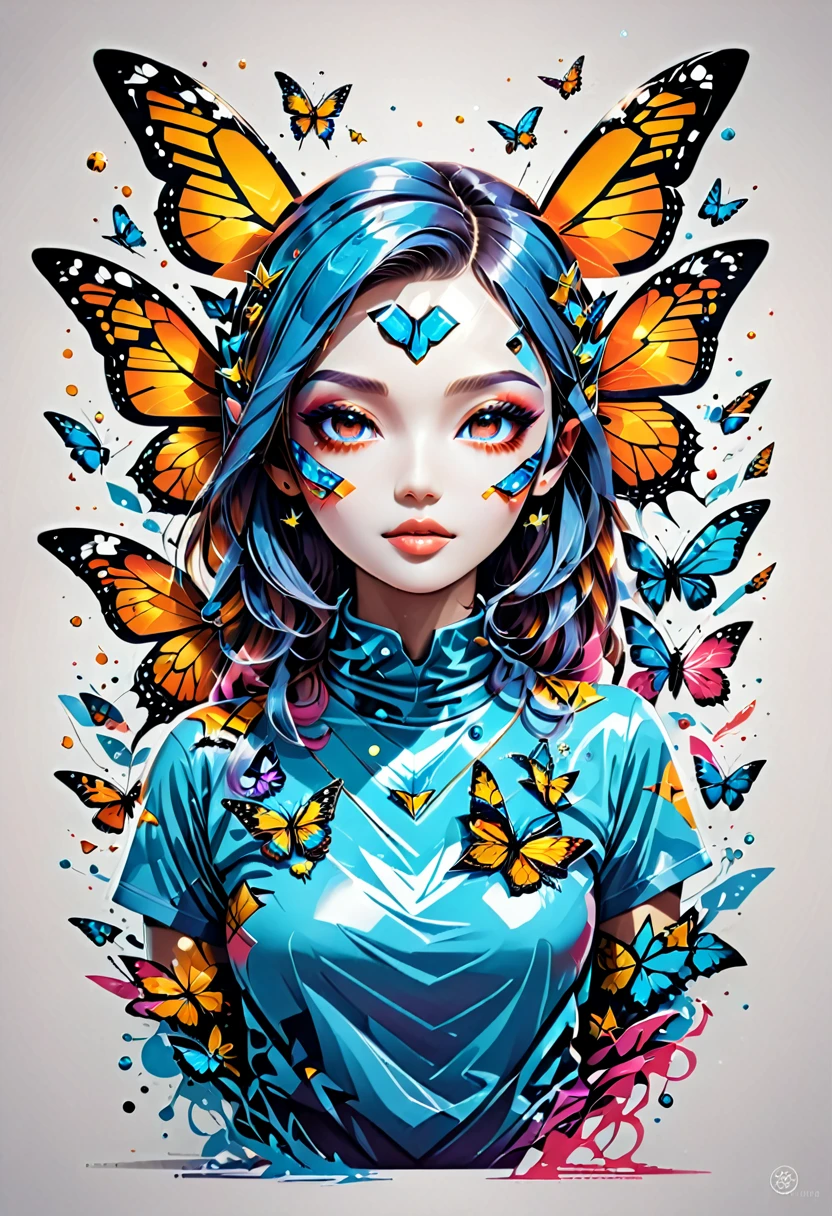 Imagine the print for a street wear style t-shirt, the face of a futuristic humanoid with textured plastic skin that gives a metal effect., Very realistic butterflies fly around it., add geometric elements and bright sparkles , estilo by Yoga Pratama