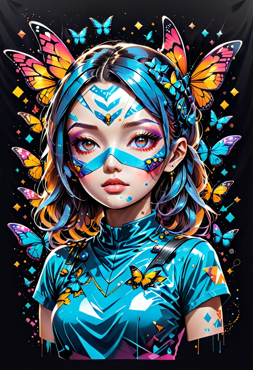 Imagine the print for a street wear style t-shirt, the face of a futuristic humanoid with textured plastic skin that gives a metal effect., Very realistic butterflies fly around it., add geometric elements and bright sparkles , estilo by Yoga Pratama