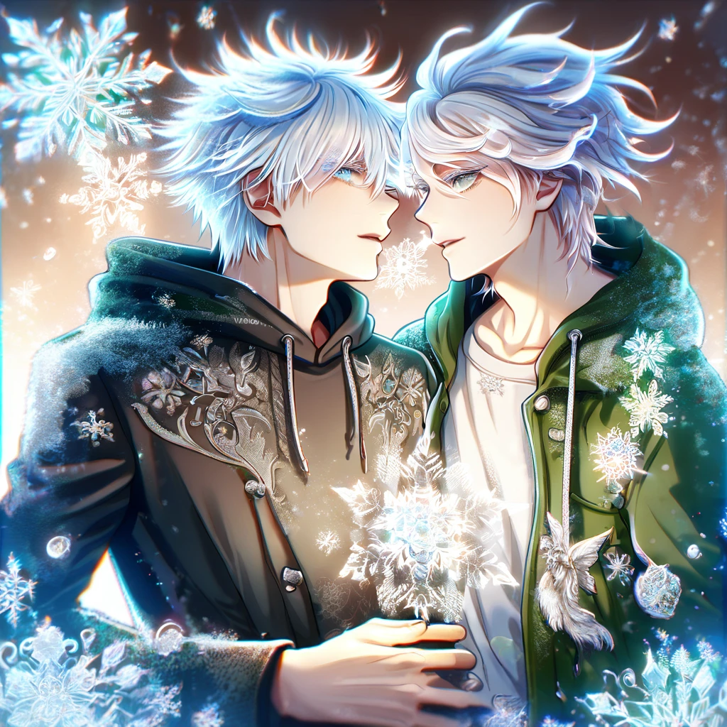 Ultra detailed, HDR, Highres, absurdres, master piece, Gojou Satoru, white hair with bangs, expressive blue eyes, white eyelashes, black clothes, Jujutsu Kaisen, Komaeda Nagito, white hair, expressive green-gray eyes, green coat with hoodie, white shirt, Danganronpa 2, ice flowers, ice butterflies, fantasy, magical, snowflakes, winter, handsome, two sexy man together, gay couple, yaoi, love, sensual, frosted
