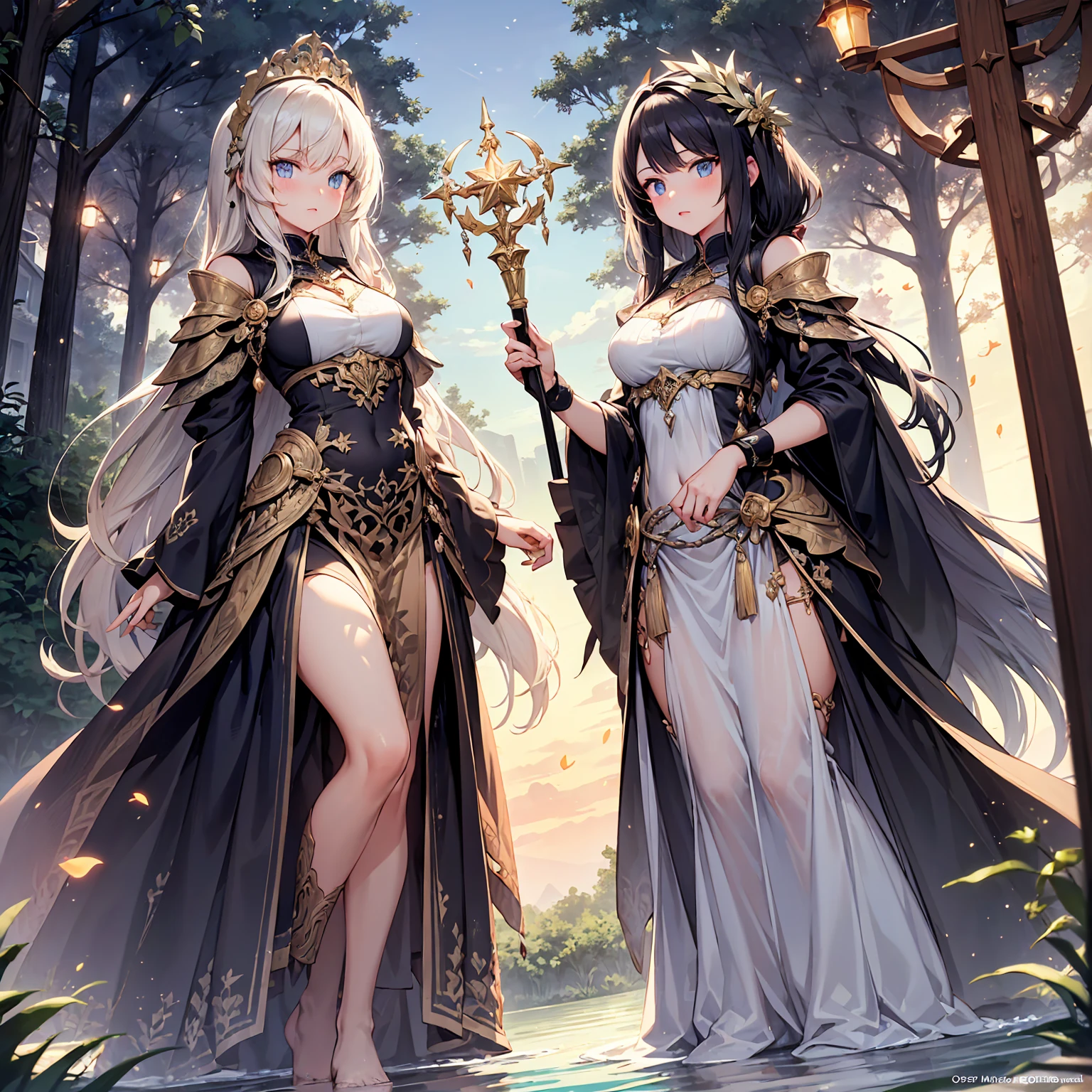 (((masterpiece, highest quality, 8k)))A stunning artwork of a majestic female character standing in an enchanting, mystical landscape. The full-body view showcases her in stylish and unique clothes of gold and purple, exuding an aura of elegance and power. Her long, flowing golden hair frames a face of regal beauty,((perfect face)) highlighted by light blue eyes that radiate wisdom and an otherworldly charm. She holds a magic staff, intricately designed and glowing with mystical energy, adding to her majestic presence. The scenery around her is a fantastical forest bathed in twilight, with towering ancient trees and luminescent flora. A serene river flows nearby, reflecting the soft glow of a setting sun. Fireflies and ethereal lights float in the air, enhancing the magical atmosphere of this tranquil setting.
