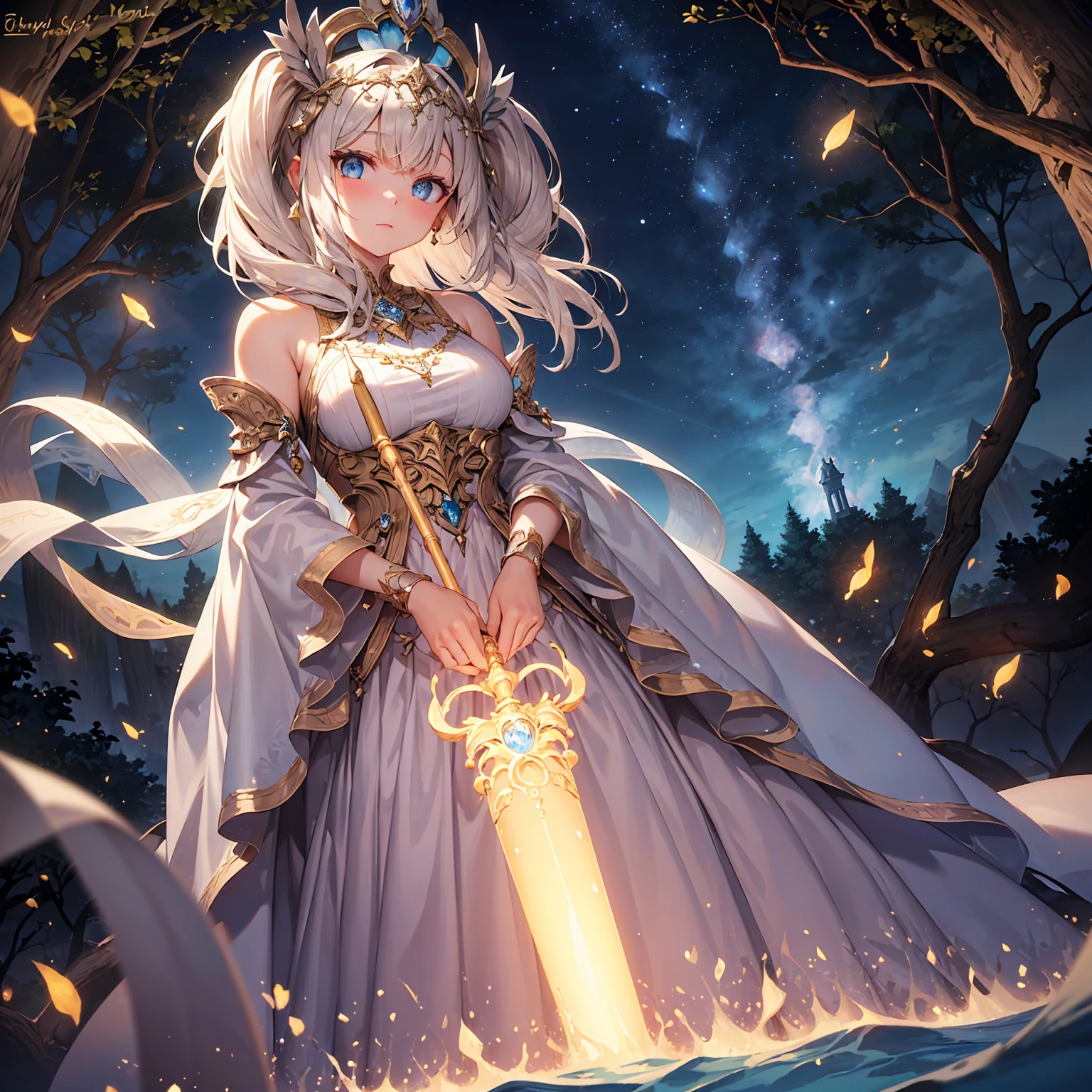 ((masterpiece)), (Textured Skin), ((High Detail)), best quality, The award-winning, 8K, Beautiful woman, Silk dress, noble, Princess, Queen, Blonde, Half bun, Hair flap, jewelled headdress, Crystal Earrings, S((best quality)), 1 Girl, Succubus，Holding a magic wand，Thunder and Lightning，（electrical arcs），electrical arcs，（lightning），（flame），（Fireball）