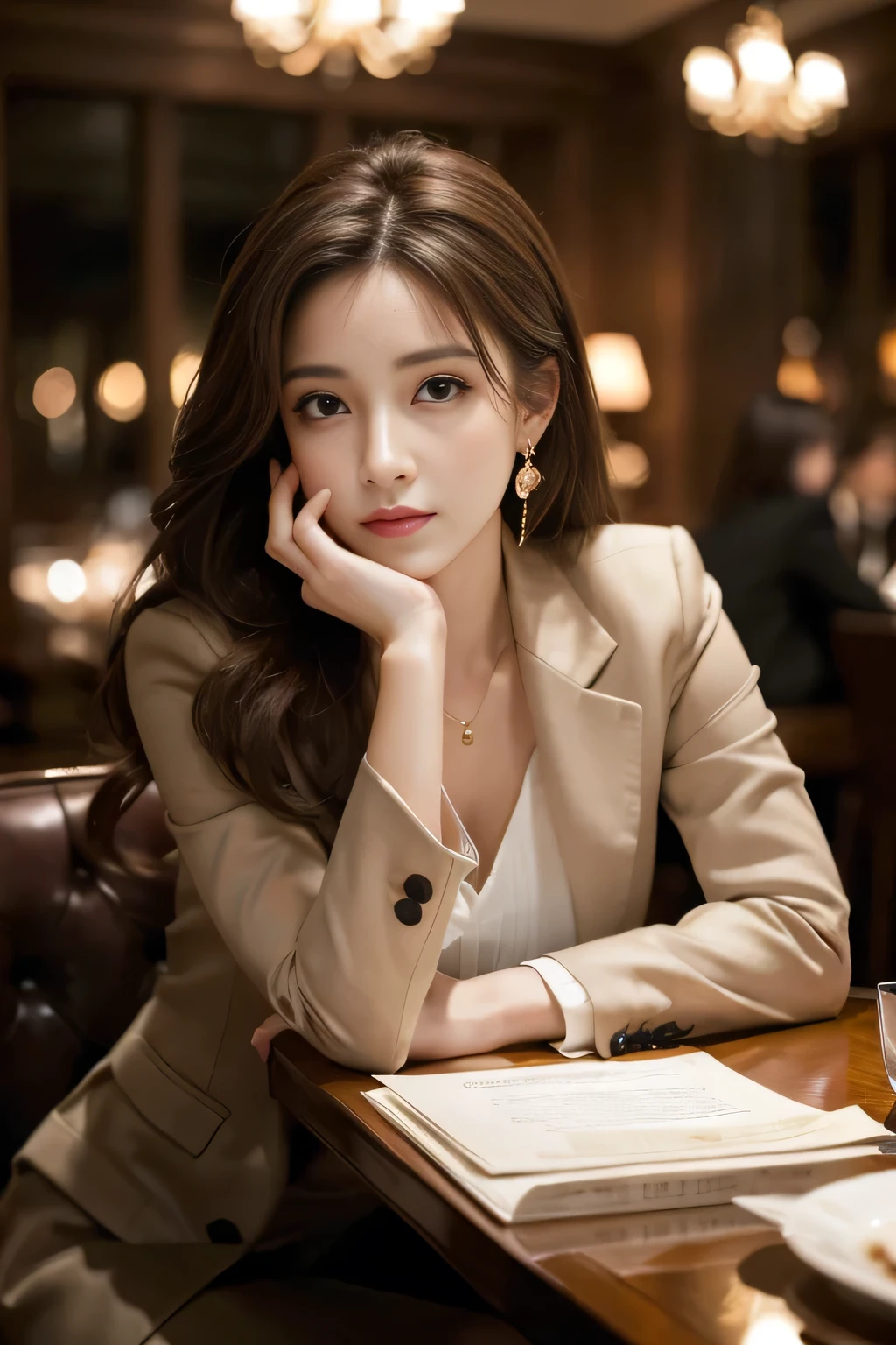 masterpiece, Highest quality, Realistic, Very detailed, Finer details, High resolution, 8k wallpaper, One beautiful woman, Wear a nice suit, In a great restaurant, At night, Light brown messy hair, Perfect dynamic composition, Beautiful and beautiful eyes、Big earrings、Sitting in a chair、
