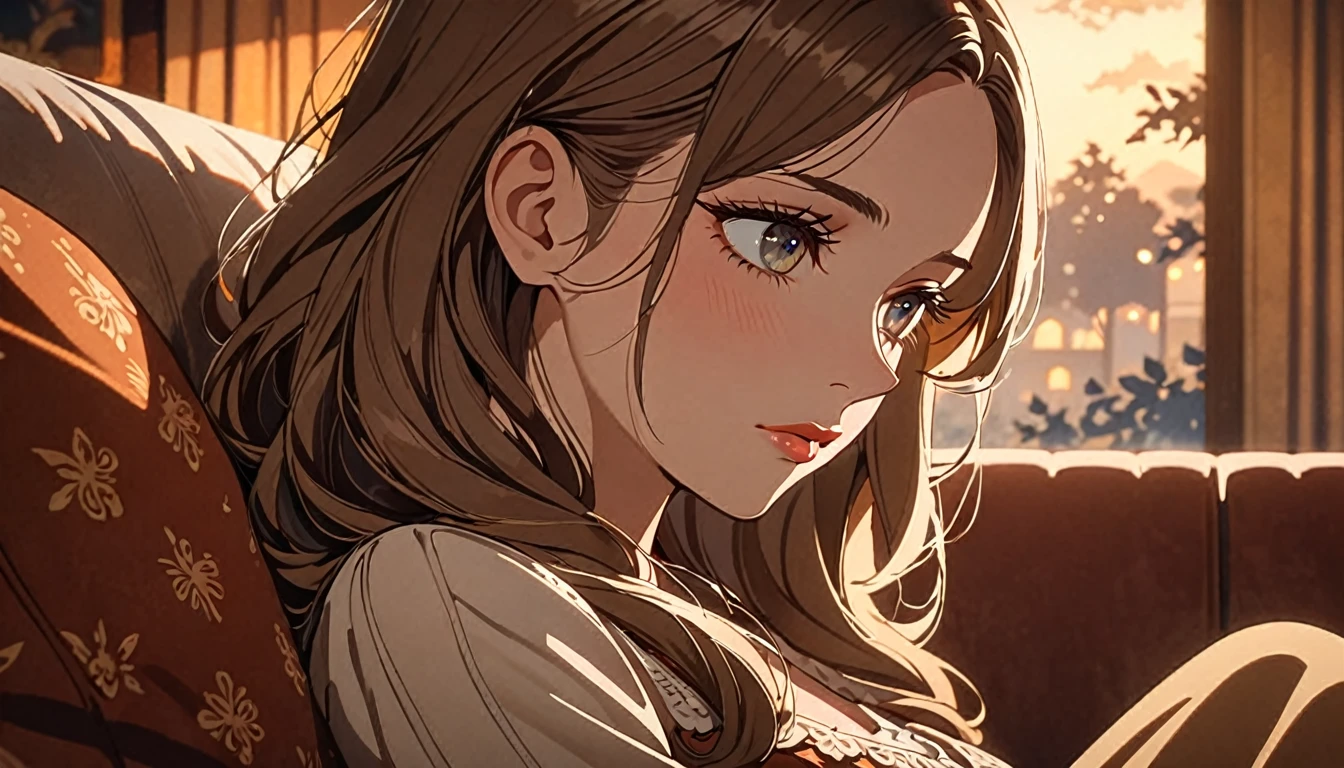 a 30s woman sitting on a couch at home, head down, warm and cozy interior, slightly tired expression, 1 girl, detailed face, beautiful detailed eyes, beautiful detailed lips, extremely detailed eyes and face, long eyelashes, elegant, melancholic, soft lighting, warm colors, animetic, 8k, high quality, detailed painting, digital art
