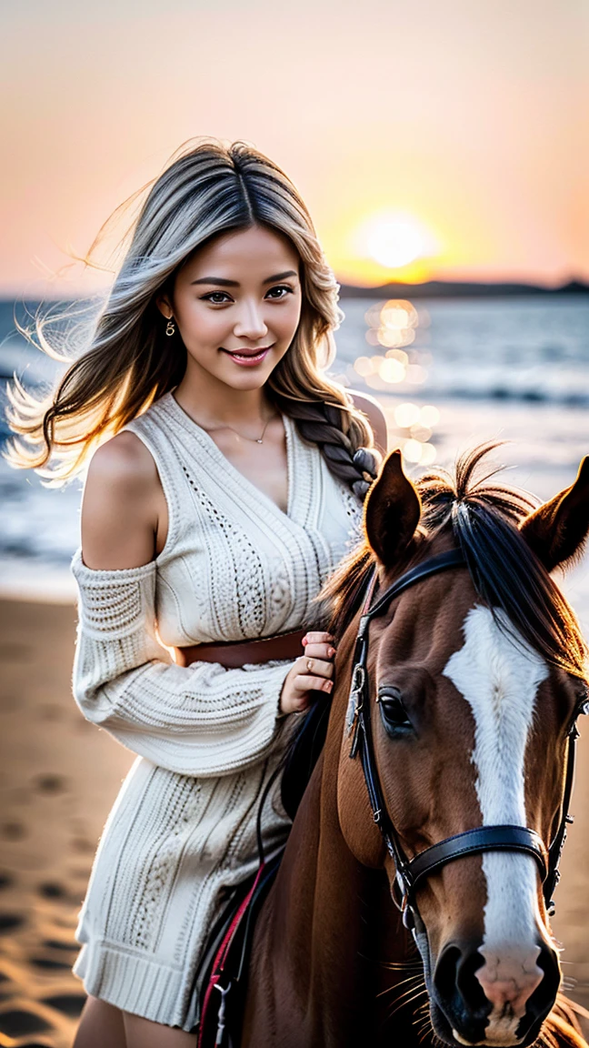 sunset city,The actress is a very beautiful Western adult woman...... bobbin lace ruffle miniskirt,sexy face, Belt pouch, Oversized Loose Bobbin Lace Sweater, V-neck and cold shoulders . happy smile.sexy face, (silver hair、Bollos retorcidos en una Horse tail adornados con trenzas y cuentas elaboradas.,Fishbone Braiding Hair,),(The fringes are transparent fringes.),(shorten、Horse tail、by the floating、),.(great emphasis:1.3),Use the sunset as lighting.,cinematic light,(mesa,Maximum quality,Ultra-high resolution output image,) ,(8K quality,),(marine art mode 2:1.3),,(Ultra HD picture mode,)