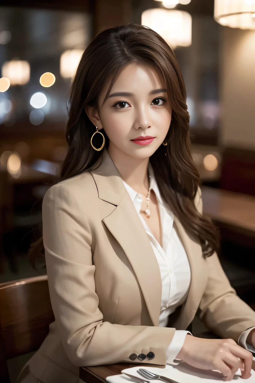 masterpiece, Highest quality, Realistic, Very detailed, Finer details, High resolution, 8k wallpaper, One beautiful woman, Wear a nice suit, In a great restaurant, At night, Light brown messy hair, Perfect dynamic composition, Beautiful and beautiful eyes、Big earrings、