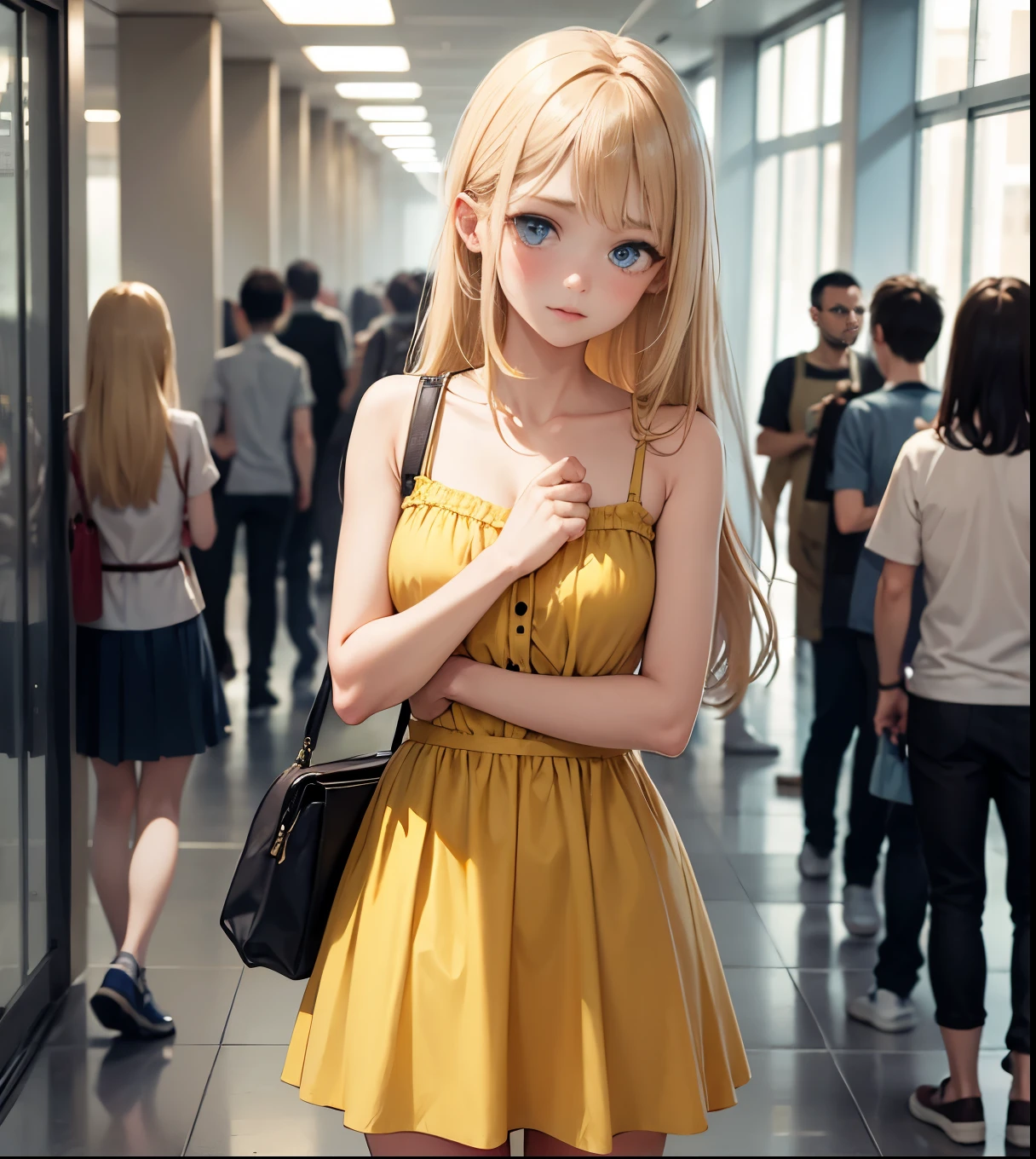 girl is , skinny girl standing in middle of crowded school hallway, looking down, blushing, wearing yellow sundress, shoulder length blond hair, blue eyes, cute, shy, nervous, mature face