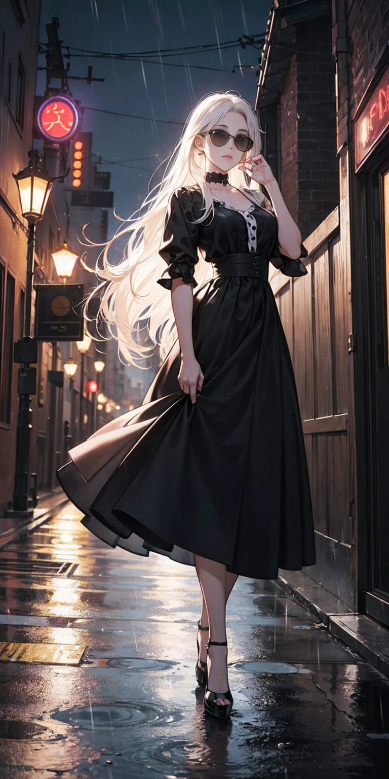 Setting: Atmospheric Street Background (Think bustling city street at night with neon lights and rain, a foggy alleyway, or a deserted highway at dusk) - Choose the specific atmosphere you desire. Character: Appearance: Ultra Quality - High level of detail and realism Shiny Skin - Glowing and healthy Long White Hair - Flowing down the back Narrowed Black Eyes - Focused and intense expression (sharp or piercing) Attire: Long Black Dress - Elegant and flowing Pose: Fingers Crossed - A gesture hinting at hope, nervousness, or even making a wish. Accessories: Sunglasses - Adding a touch of mystery or coolness (consider the style of sunglasses to match the overall mood) Additional Notes: Consider adding details about the character's posture (standing tall, leaning against a wall, etc.) to enhance the scene. The quality of the image is 8K or Cinematic