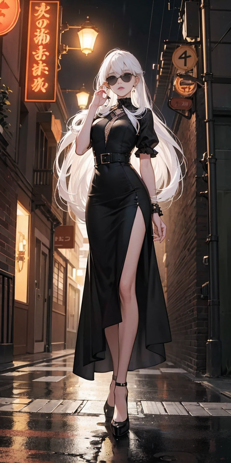 Setting: Atmospheric Street Background (Think bustling city street at night with neon lights and rain, a foggy alleyway, or a deserted highway at dusk) - Choose the specific atmosphere you desire. Character: Appearance: Ultra Quality - High level of detail and realism Shiny Skin - Glowing and healthy Long White Hair - Flowing down the back Narrowed Black Eyes - Focused and intense expression (sharp or piercing) Attire: Long Black Dress - Elegant and flowing Pose: Fingers Crossed - A gesture hinting at hope, nervousness, or even making a wish. Accessories: Sunglasses - Adding a touch of mystery or coolness (consider the style of sunglasses to match the overall mood) Additional Notes: Consider adding details about the character's posture (standing tall, leaning against a wall, etc.) to enhance the scene. The quality of the image is 8K or Cinematic