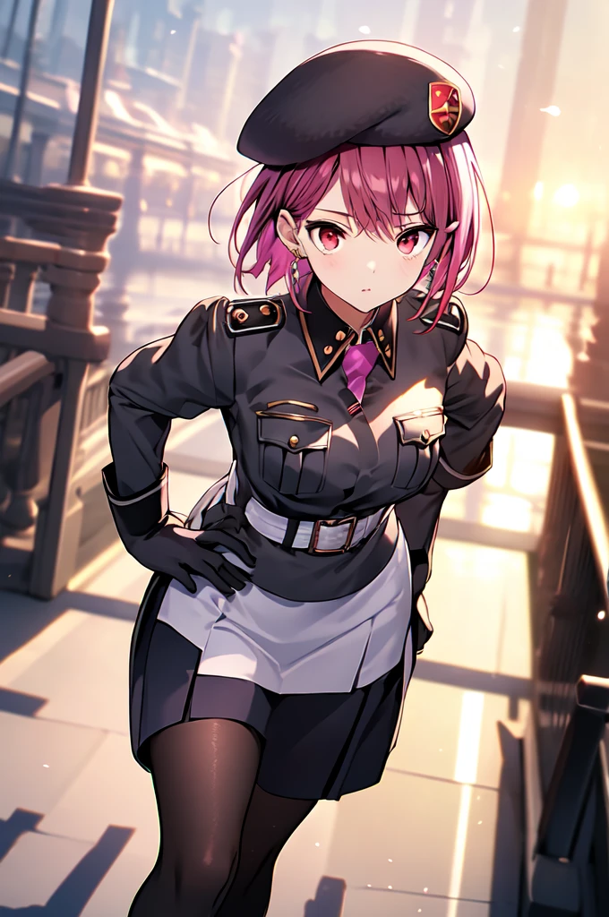 masterpiece, Highest quality, High resolution, Super detailed, pantyhose、skirt、uniform、hat、gloves、Fuchsia Hair、short hair、military、whole body、uniform、Looking at the viewer、Hands on hips、Standing、白いgloves、Red eyes、tie、beret、白いskirt、White belt、Black footwear、Jacket、白いペンシル skirt、黒いpantyhose、Long sleeve、紫色のtie、bangs、High heels、Earrings、Shut your mouth.、chest、