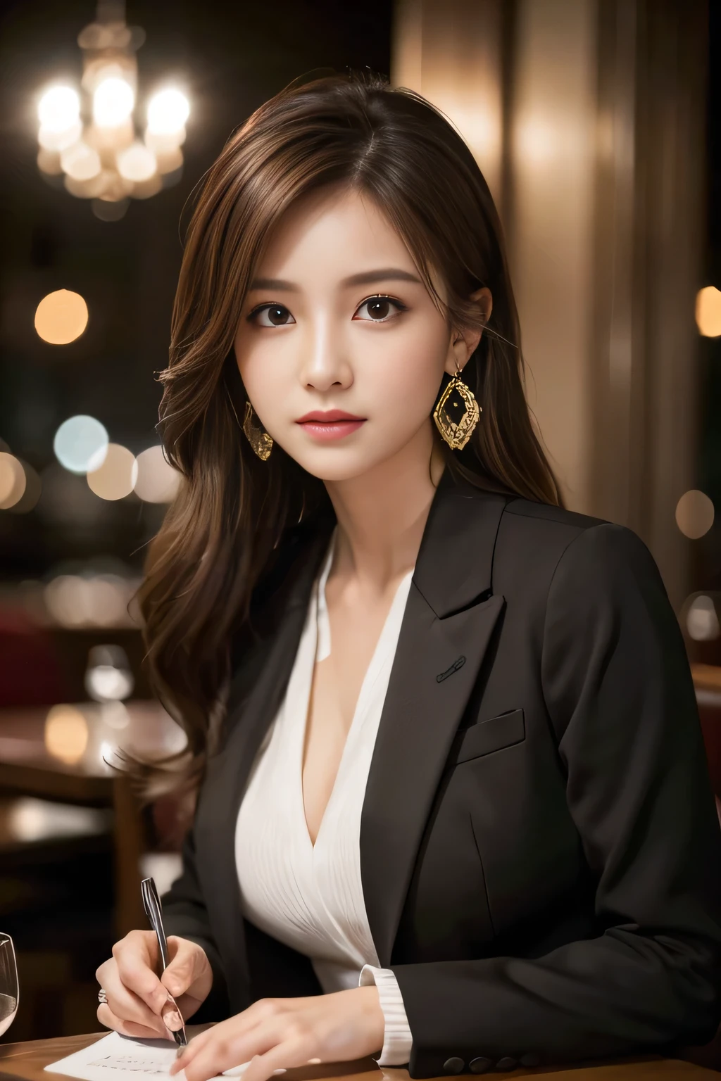 masterpiece, Highest quality, Realistic, Very detailed, Finer details, High resolution, 8k wallpaper, One beautiful woman, Wear a nice suit, In a great restaurant, At night, Light brown messy hair, Perfect dynamic composition, Beautiful and beautiful eyes、Big earrings、