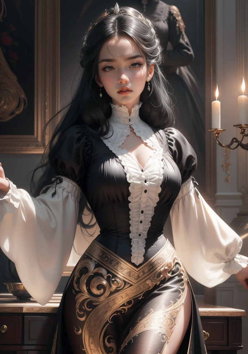 { - anatomy error}(Masterpiece - Ultra-detailed, very high resolution) Prepare to be enchanted by a true masterpiece that combines ultra-detailed art with high-resolution rendering. This work depicts a mesmerizing woman with long black hair (1.3) and captivating gray eyes (1.2), emanating an aura of elegance and mystery in Victorian environments. Intricate details and realistic textures invite you to explore every aspect of this enchanting composition.. Woman wearing a beautiful classic Victorian costume from the year 1878. Red lips. happy face. smiling. offwhite (offwhite) don. dancing lightly, dynamic poses. Get ready to dive into a world where beauty and craftsmanship merge perfectly.