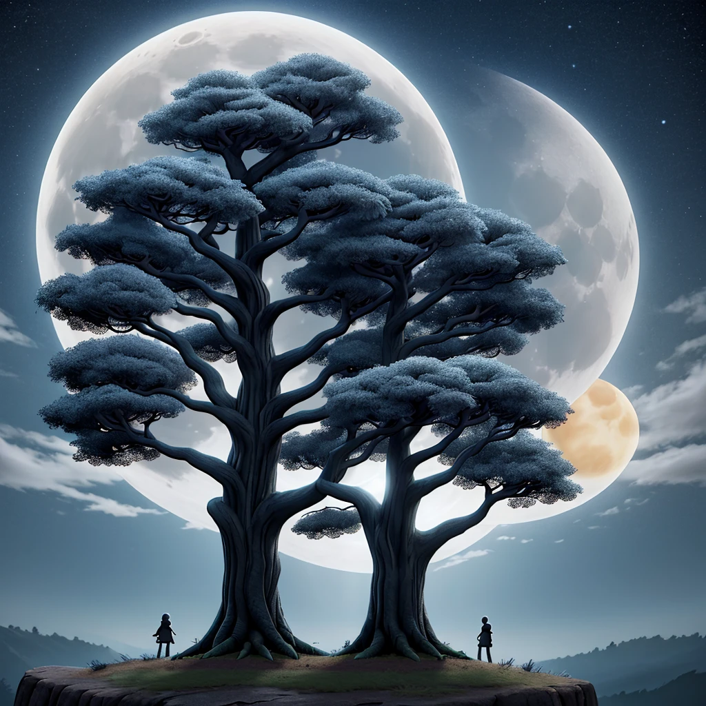Logo for a hardcore musical band called "Tree Of Shadows" silver colour, with a round moon enveloping a gloomy tree.