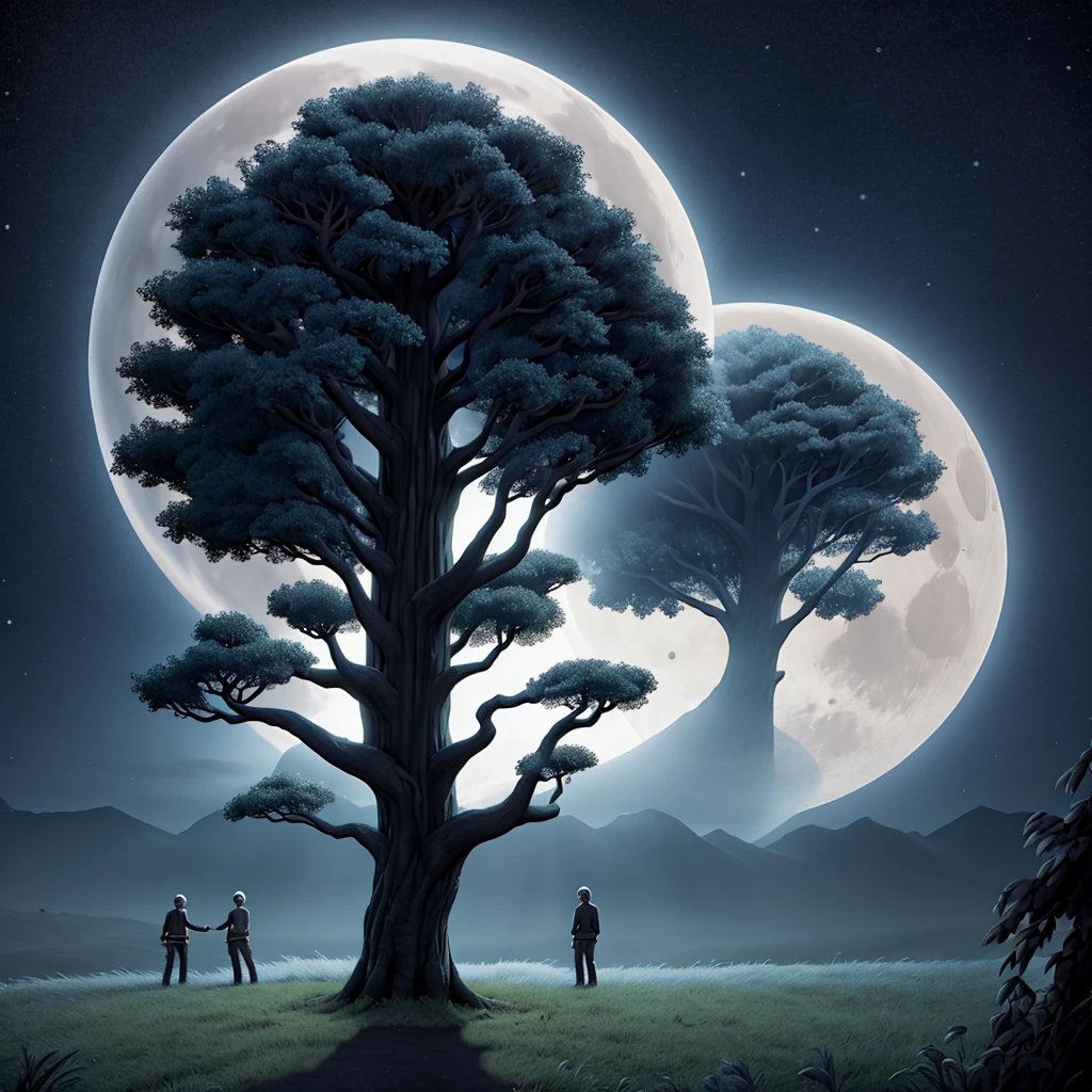 Logo for a hardcore musical band called "Tree Of Shadows" silver colour, with a round moon enveloping a gloomy tree.