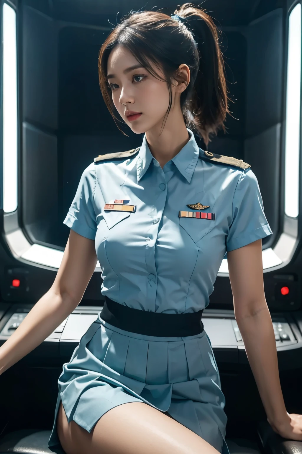 (((best quality))),(((Extremely detailed))),(((masterpiece))),illustration,((1 Girl, woman, Commander of the Air Force,Solitary)),(Short Ponytail:1.2),((Slim,Thin)),((underboob,Big breasts)),Keep it balanced, confidence, authority,(Light blue short-sleeved shirt:1.3),(Dark blue pleated skirt:1.2), (Long legs:1.2),Sharp eyes, control Panel, Military airfields, Soldier, Duty, fighter, Clear skies, The engine roars, Excited, vitality, Control Room, monitor, switch, Mosaic Color, Expertise, pilot, earphone, Calming Voice, Strong presence, Attention, respect, lead, Dedication, mod, brave, 中的woman, Inner Strength, Elasticity, inspiration,((From the front,Upper Body))