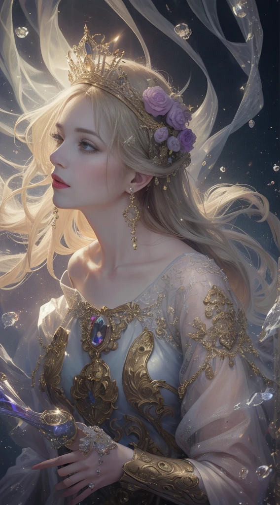 (Highest quality,8k,High resolution,masterpiece:1.2),Very detailed,(Realistic,Realistic,Photorealistic:1.37),Portraiture,Creative style artwork,historic,Classic,Sophisticated,Variety of colors,Very detailed,Soft lighting,Luxurious surroundings、,Bright flowers,Elaborate jewelry,Ethereal atmosphere,Elegant pose,Graceful curves,Gold Body Proportion,Flowing Hair,Breathtaking textile patterns,Stern purple eyes,Delicate floral decoration,A stunning array of crystal accessories,Mysterious and dreamy atmosphere,Perfect attention to detail.伯爵令嬢とloverが見つめ合い幸せに笑う姿、lover、like、Sparkling((Men and women))、couple、