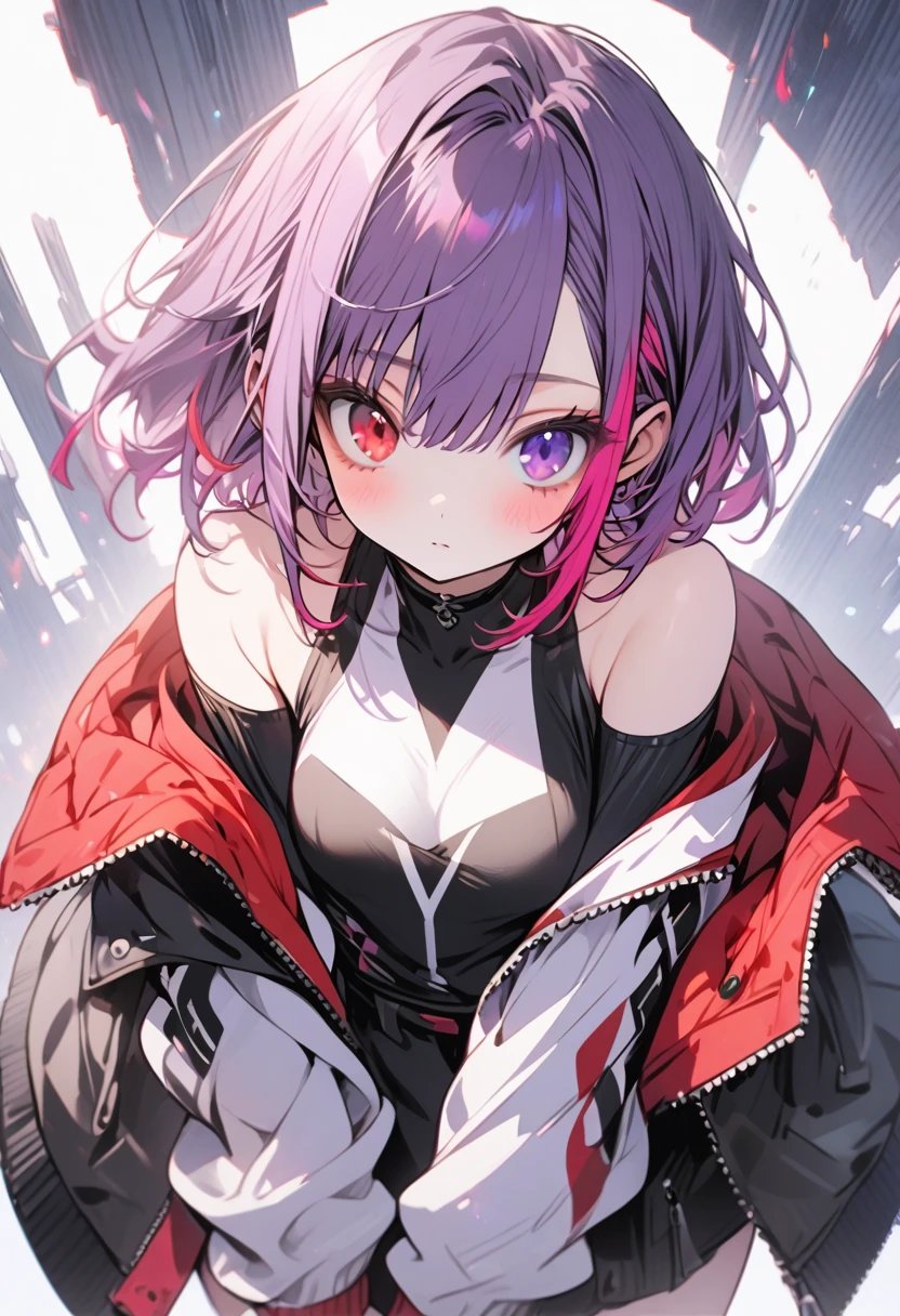 ,high resolution ,cute ,One Woman ,whole body , Purple Hair, Two-tone red ,short hair , Beautiful Eyes ,Red and purple heterochromia ,♰Eyes and shoulders are protruding ,Jacket