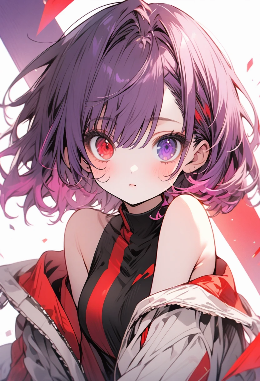 ,high resolution ,cute ,One Woman ,whole body , Purple Hair, Two-tone red ,short hair , Beautiful Eyes ,Red and purple heterochromia ,♰Eyes and shoulders are protruding ,Jacket