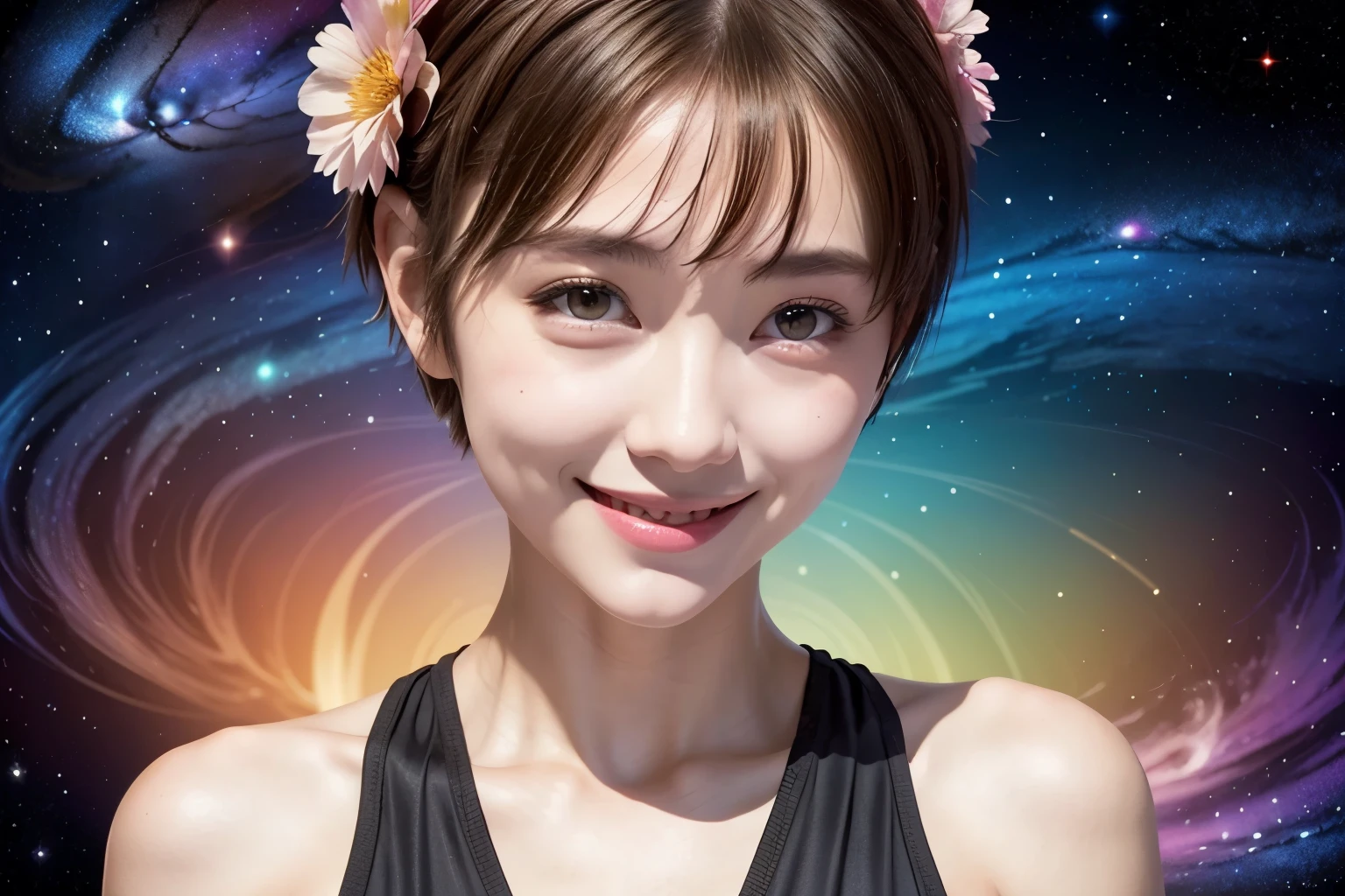 258 19-year-old female, (short hair),(Abstract background,universe), smile, flower