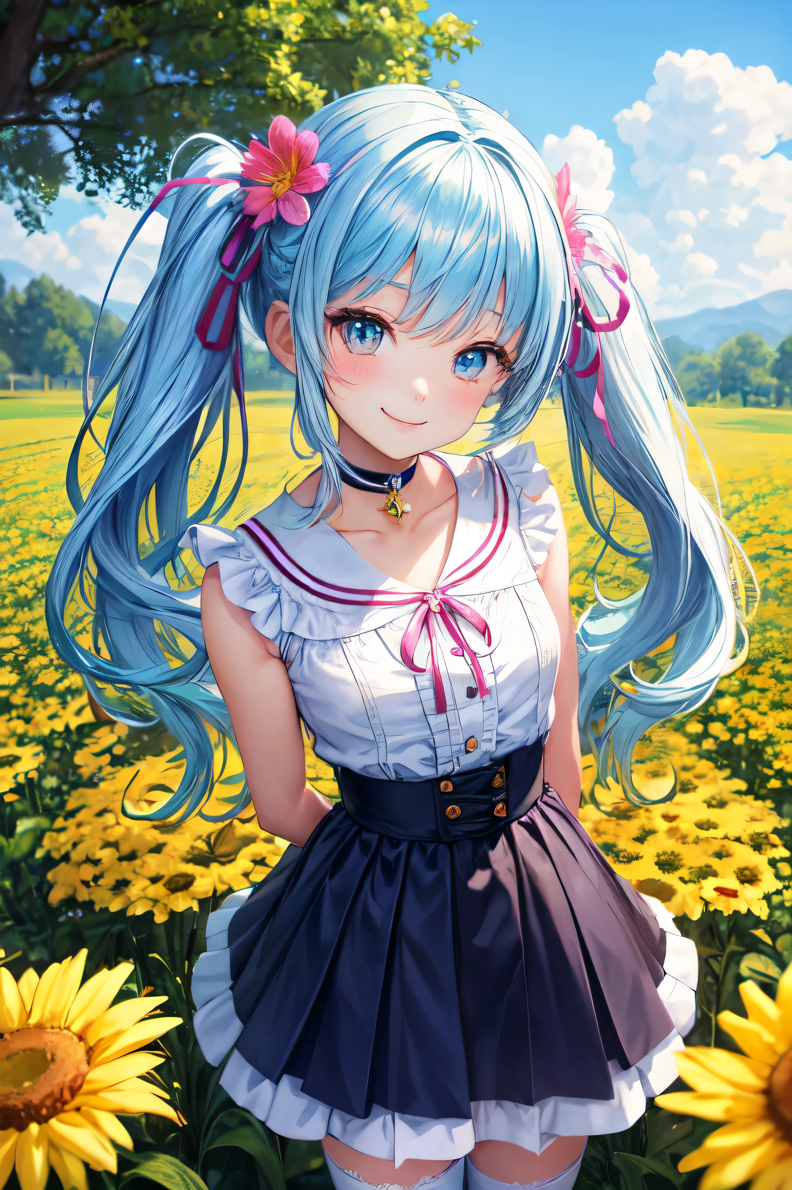 beautiful girl, Kindergarten girl, Cute hairstyle、Colorful hair colors, choker, Highest quality, masterpiece, 8k, Ultra-high resolution, Beautiful Face、Symmetrical eyes, Lots of ribbons and frills, shake, Place your arms behind your back, Knee socks, Knee-high socks, Embarrassing, smile、Colorful flower garden