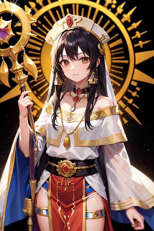 25 year old girl. Inca priestess clothing. Pendant with a crystal on his neck. semi long black hair, straight, hairstyle. Brown eyes. Transparent clothing. Holding a sacred staff.