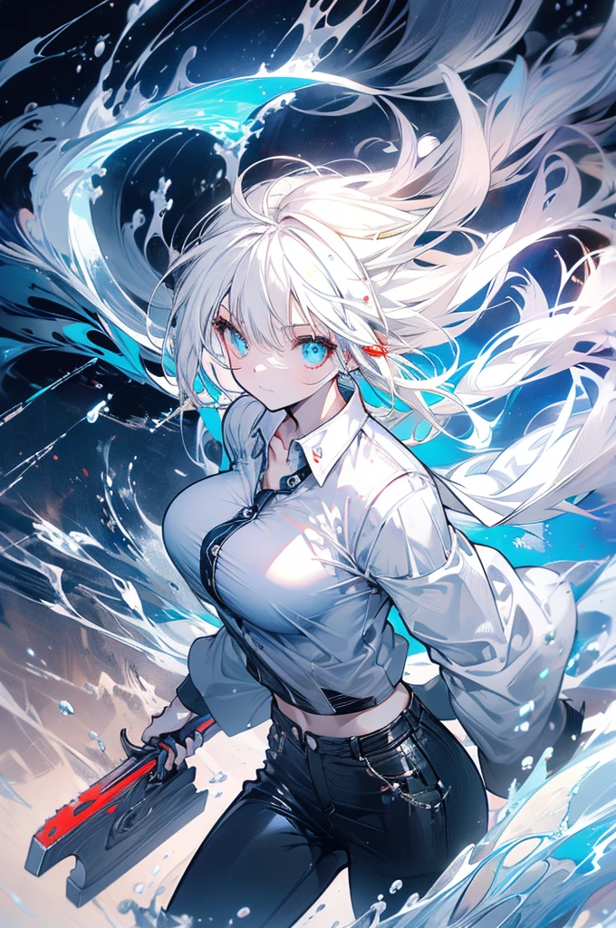 Woman, cute, baggy shirt, tight pants, looking up, fighting, white hair, light blue, ice, waves, double teeth, naked, axe