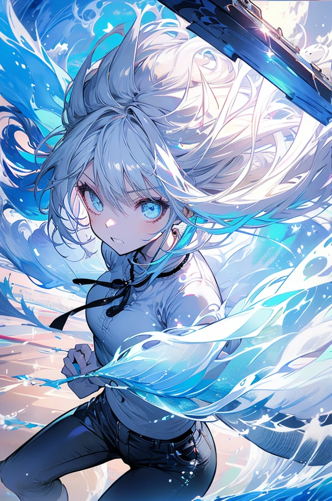 Woman, cute, baggy shirt, tight pants, looking up, fighting, white hair, light blue, ice, waves, double teeth, naked, axe