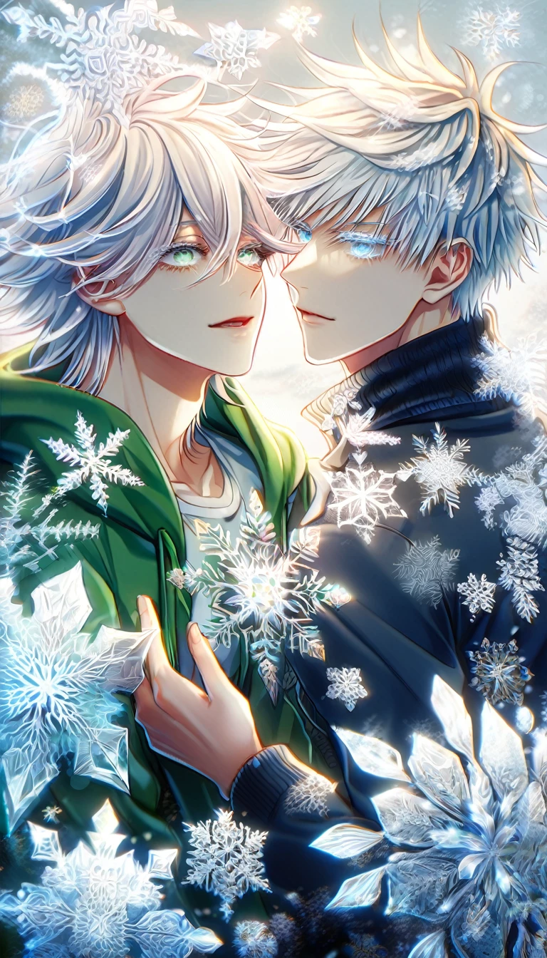 Ultra detailed, HDR, Highres, absurdres, master piece, Gojou Satoru, white hair with bangs, expressive blue eyes, white eyelashes, black clothes, Jujutsu Kaisen, Komaeda Nagito, white hair, expressive green-gray eyes, green coat with hoodie, white shirt, Danganronpa 2, ice flowers, ice butterflies, fantasy, magical, snowflakes, winter, handsome, two sexy man together, gay couple, yaoi, love, sensual, frosted