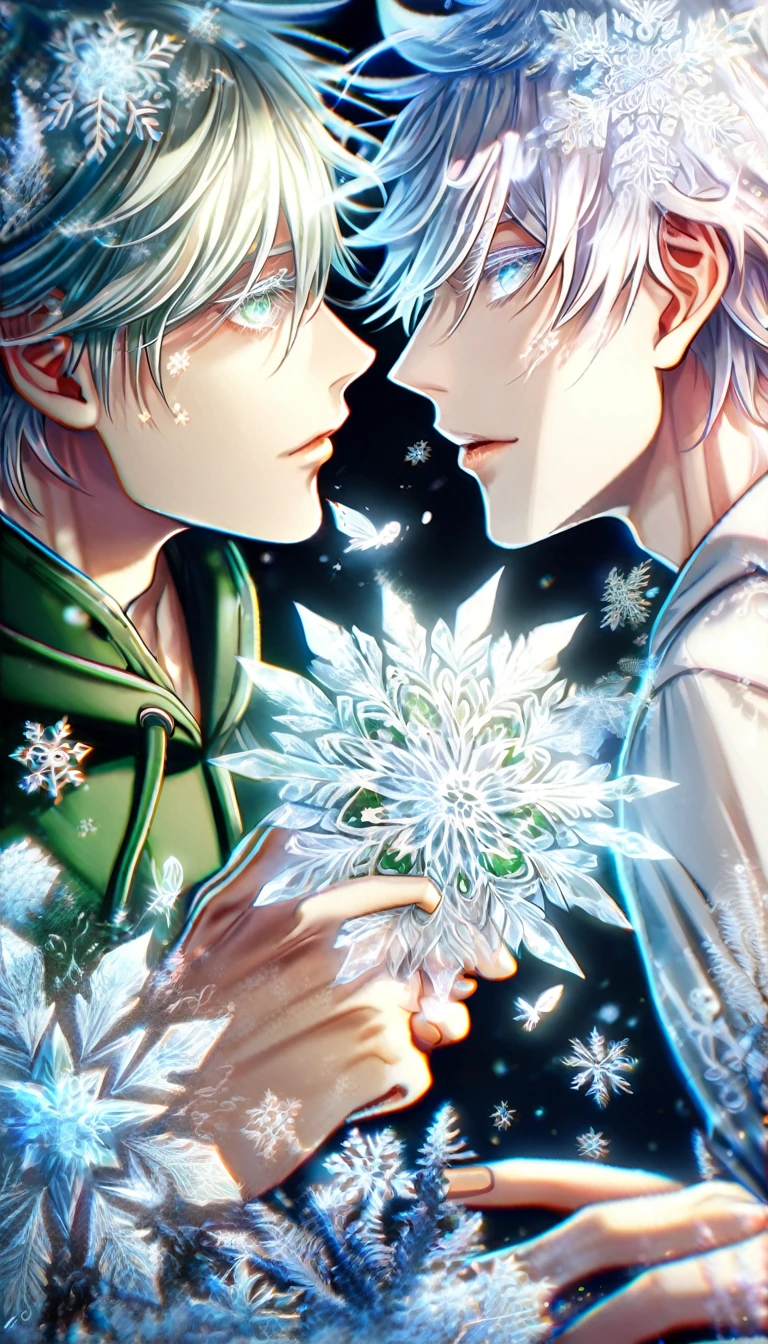 Ultra detailed, HDR, Highres, absurdres, master piece, Gojou Satoru, white hair with bangs, expressive blue eyes, white eyelashes, black clothes, Jujutsu Kaisen, Komaeda Nagito, white hair, expressive green-gray eyes, green coat with hoodie, white shirt, Danganronpa 2, ice flowers, ice butterflies, fantasy, magical, snowflakes, winter, handsome, two sexy man together, gay couple, yaoi, love, sensual, frosted