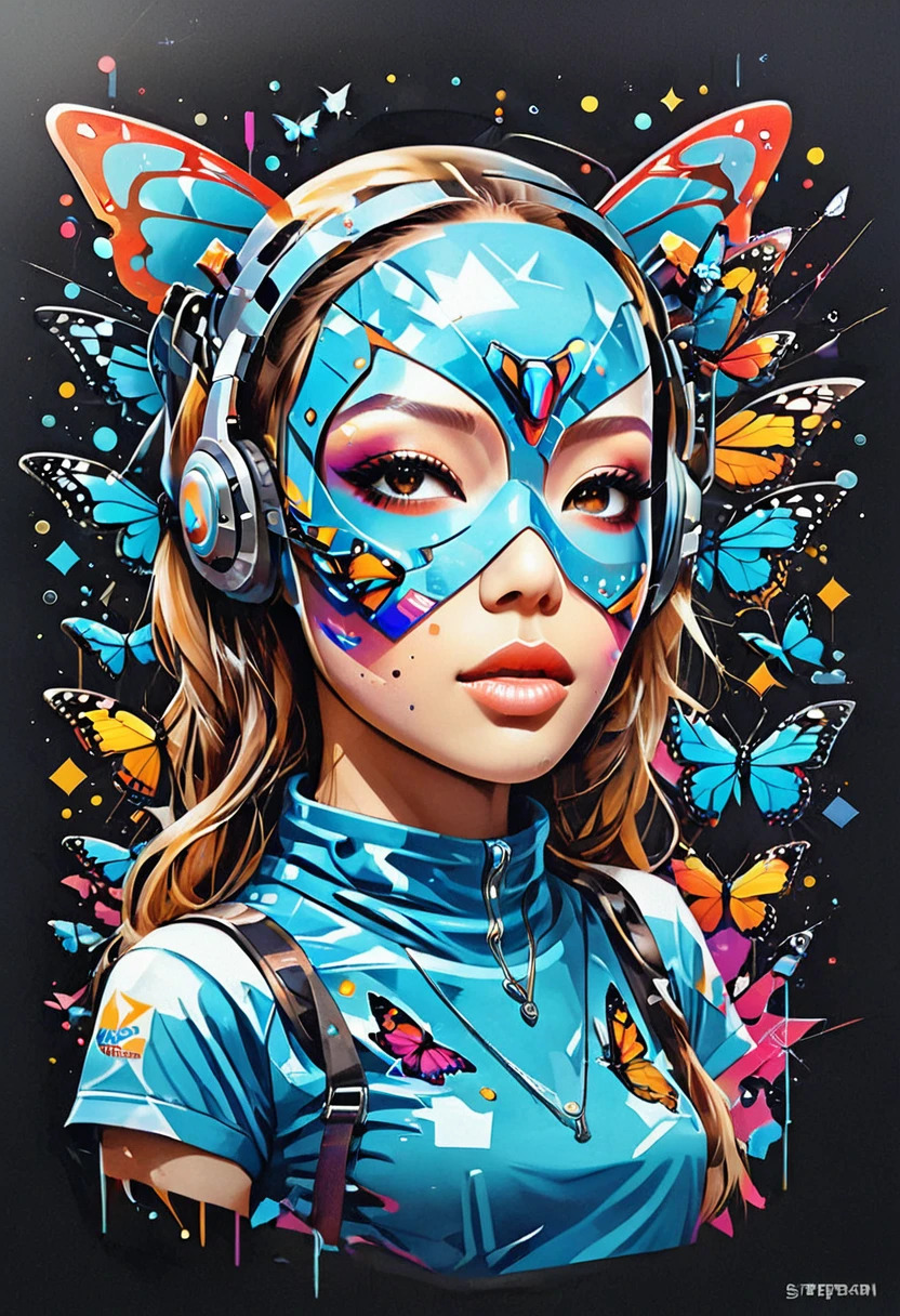 Imagine the very realistic print for a street wear style t-shirt of the face of a futuristic humanoid with textured plastic skin that gives a metal effect., Very realistic butterflies fly around it., add geometric elements and bright sparkles , estilo by Yoga Pratama