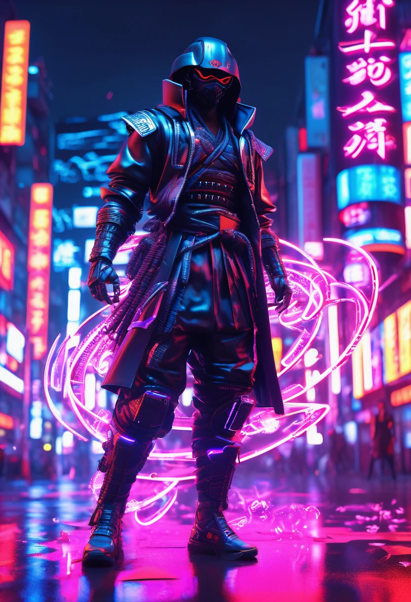 a black samurai in a cyberpunk city with neon lit 3d Japanese alphabets in air floating around him, cinematic scene, 32k, ultra HD with beautiful cinematic lighting ultra HD, hyper-realistic images, 32k, beautiful and vibrant images.