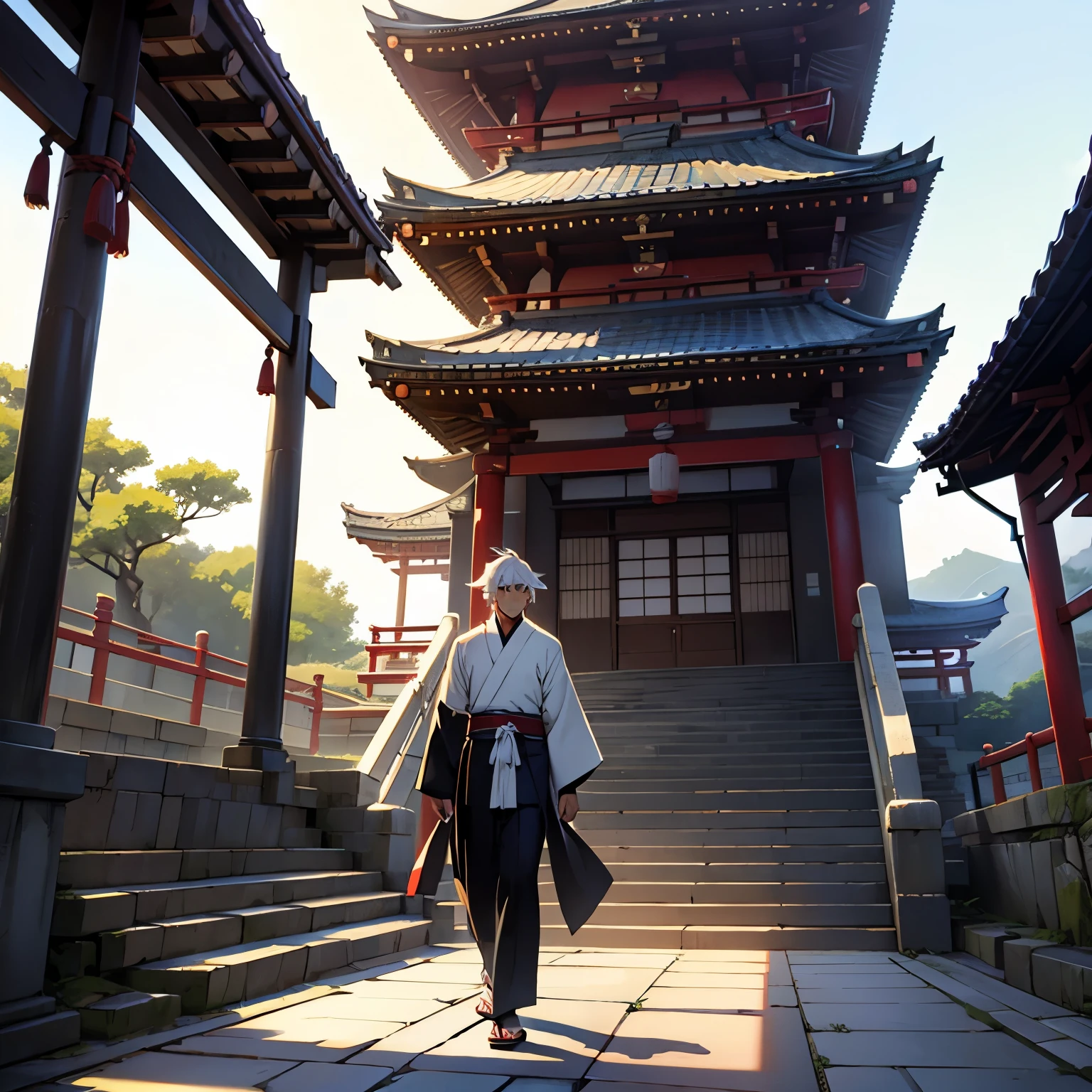 young man walking up the stairs of a Japanese temple, anime
