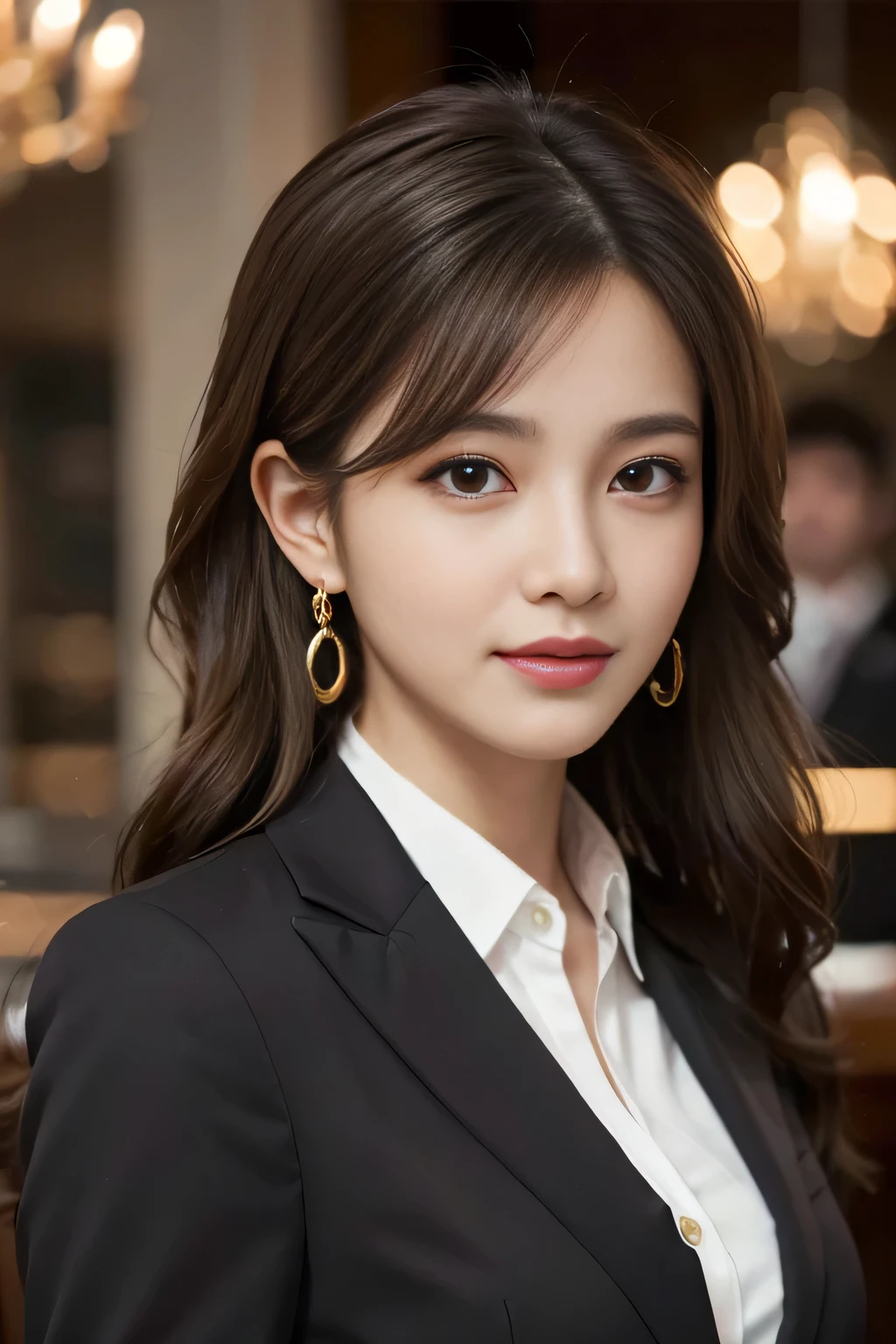 masterpiece, Highest quality, Realistic, Very detailed, Finer details, High resolution, 8k wallpaper, One beautiful woman, Wear a business suit, In a great restaurant, At night, Light brown messy hair, Perfect dynamic composition, Beautiful and beautiful eyes、Big earrings