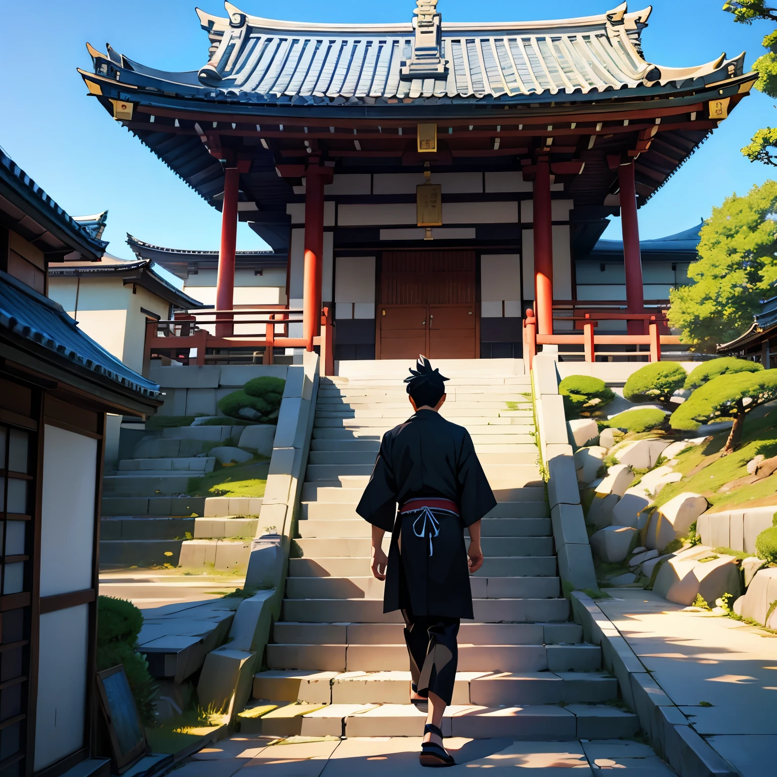 young man walking up the stairs of a Japanese temple, anime
